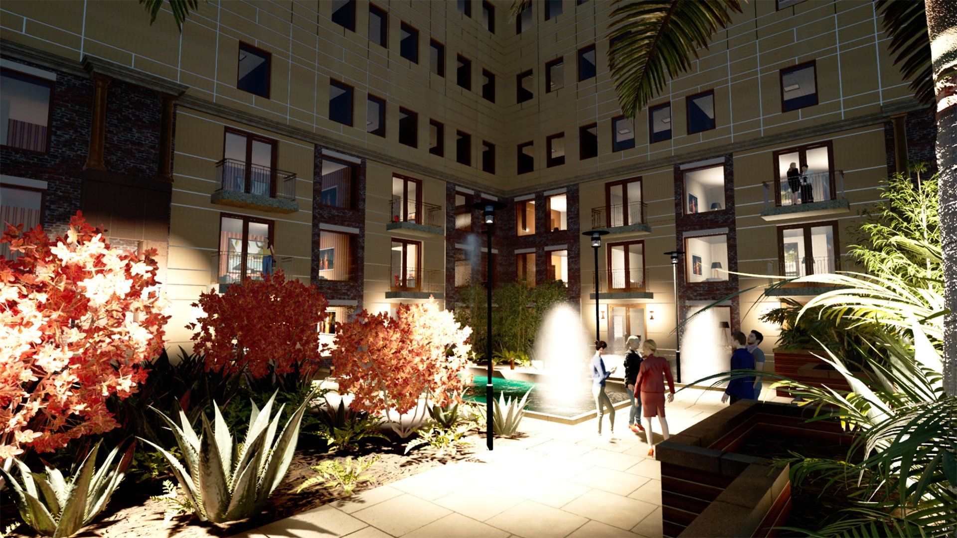 a building with a lot of windows is lit up at night