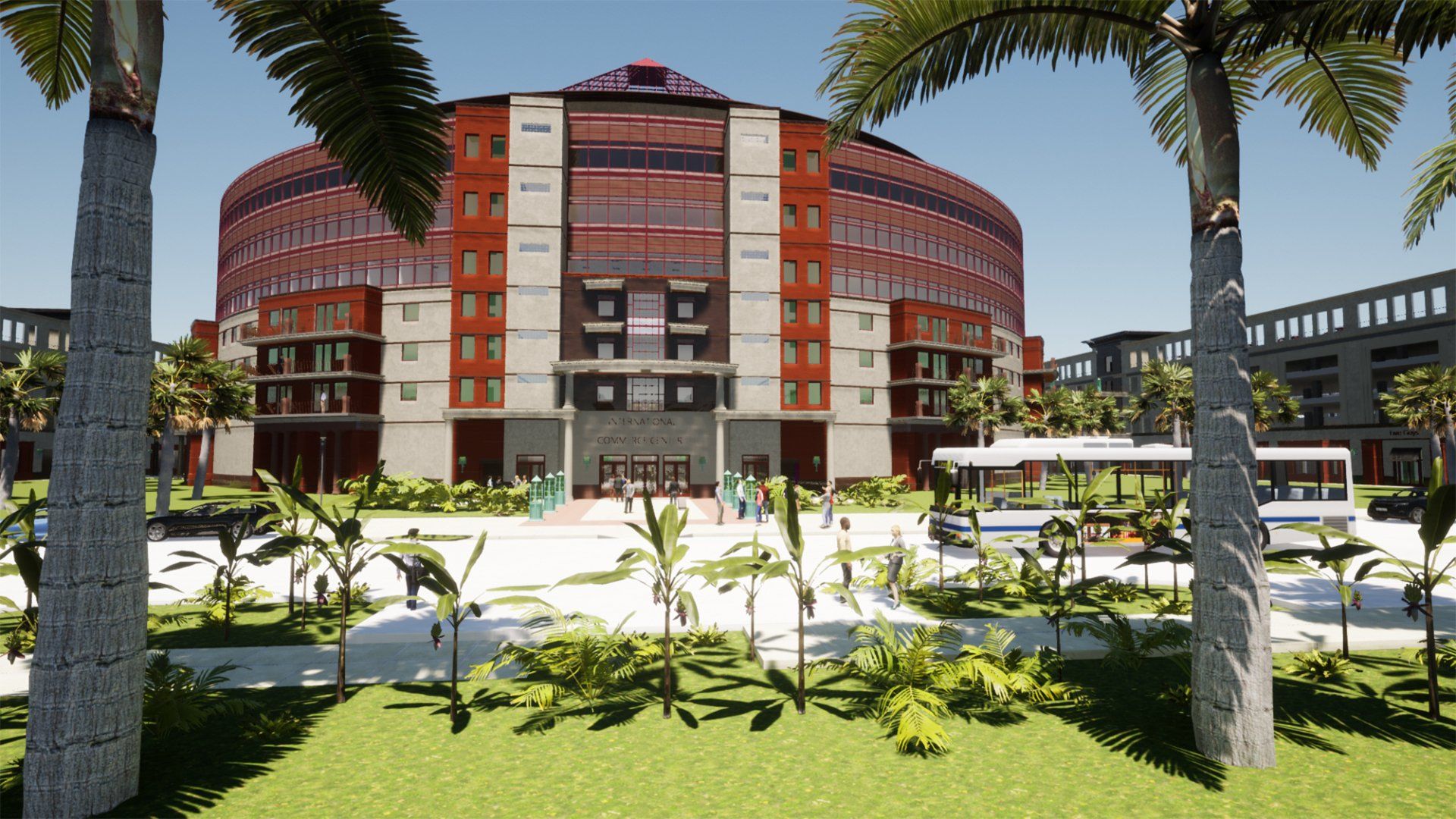 a large building with a lot of windows is surrounded by palm trees .