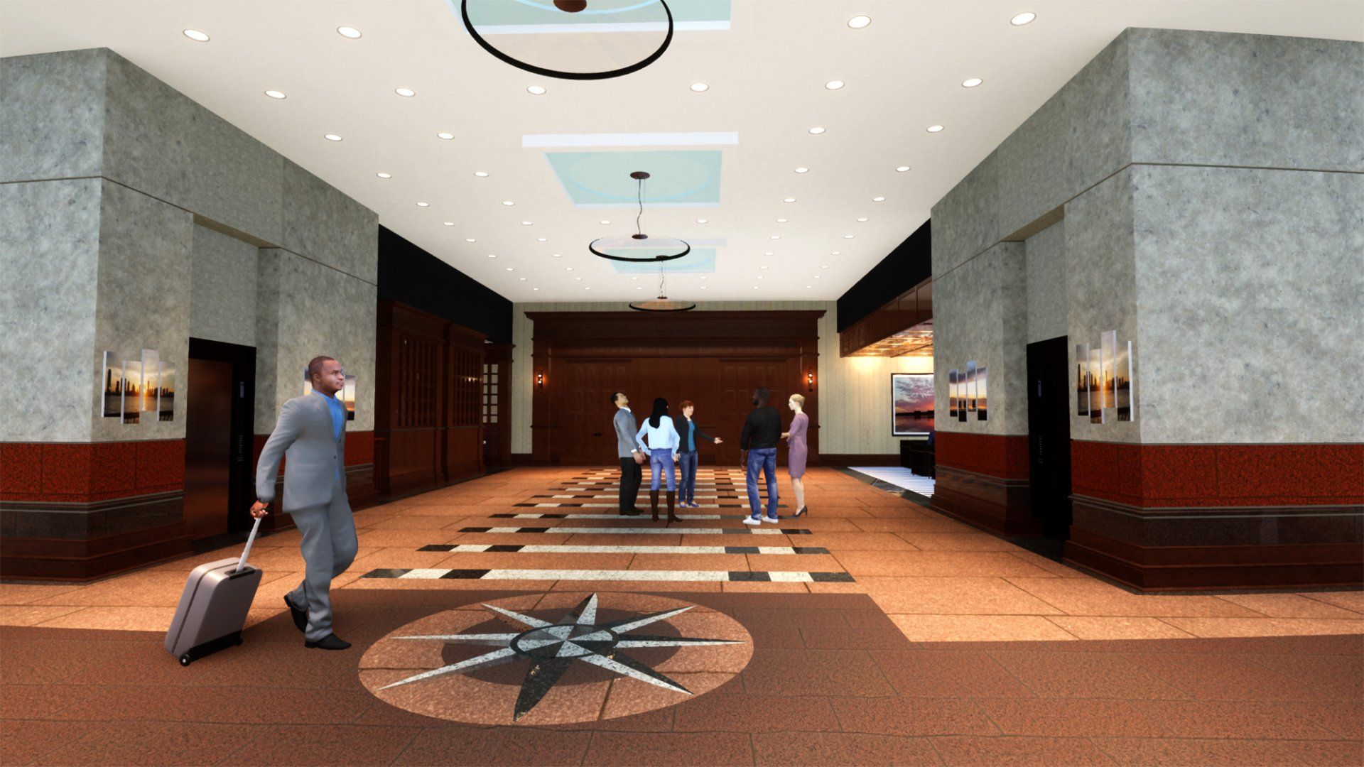 a man carrying a suitcase in a hotel lobby