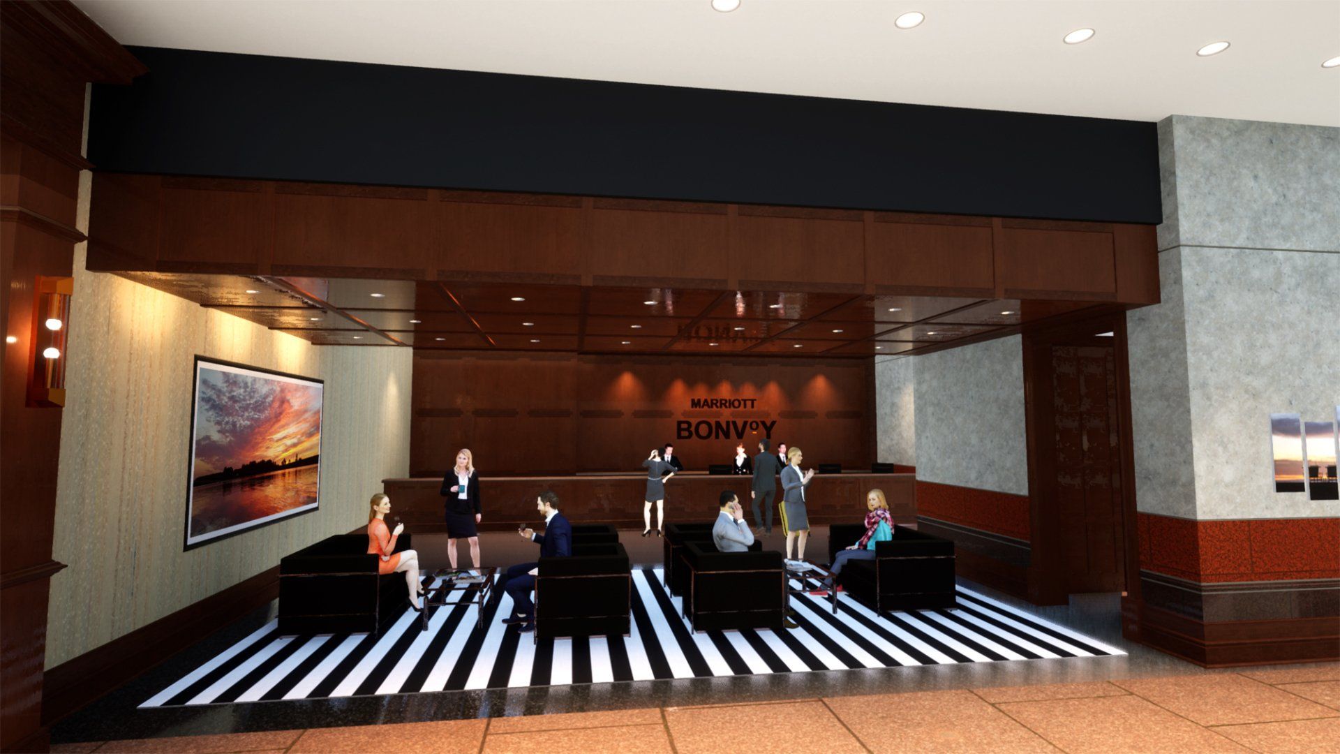 an artist 's impression of the lobby of a hotel