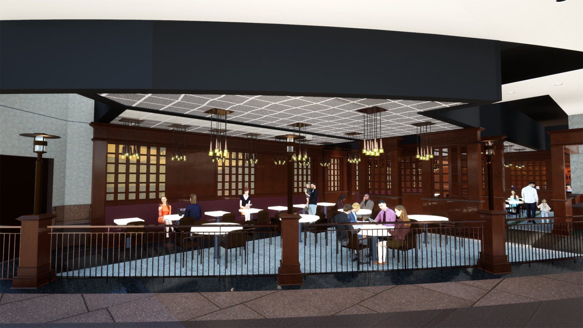 an artist 's impression of a restaurant with people sitting at tables