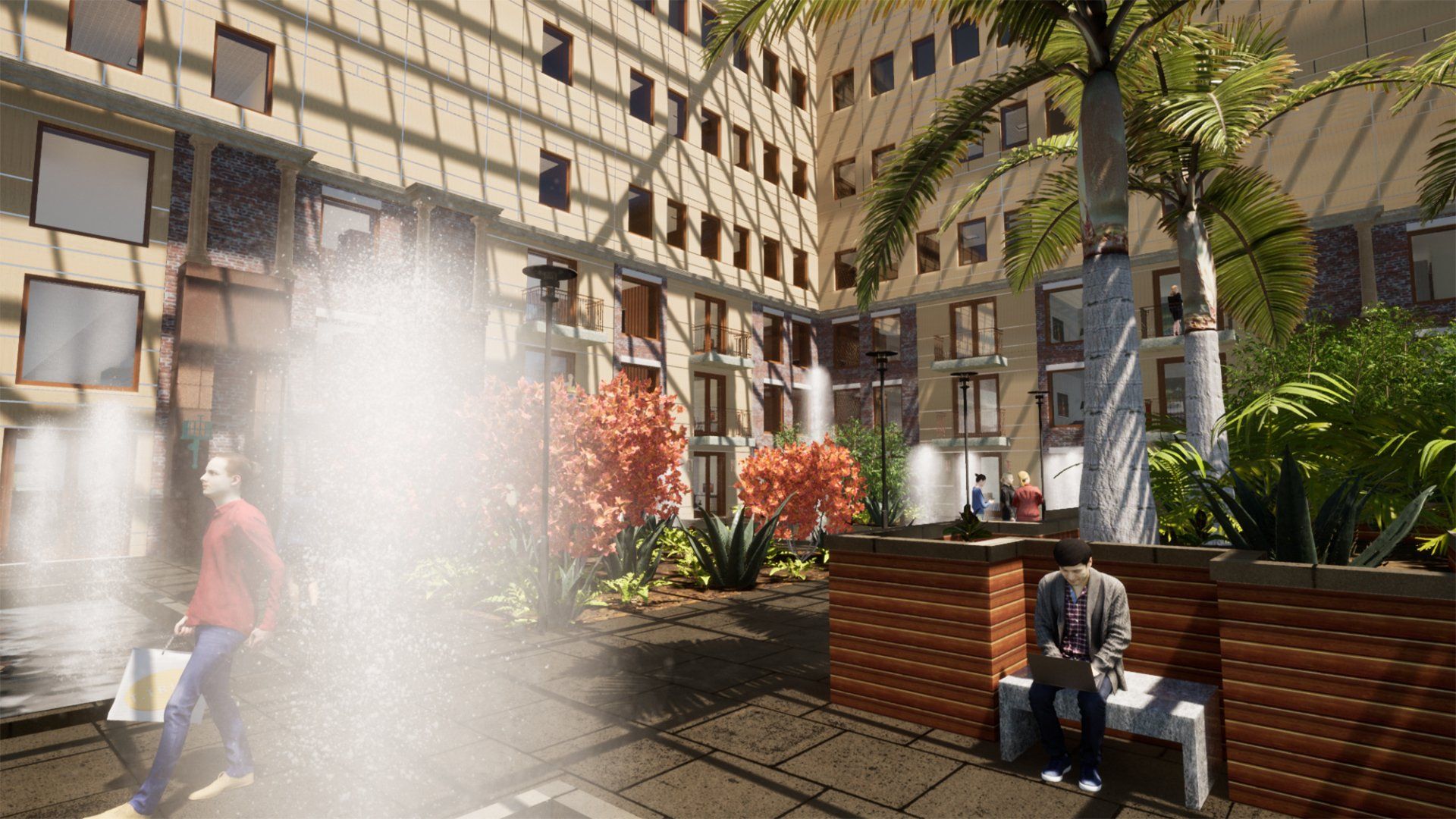 a man is sitting on a bench in front of a building with a fountain in the background .