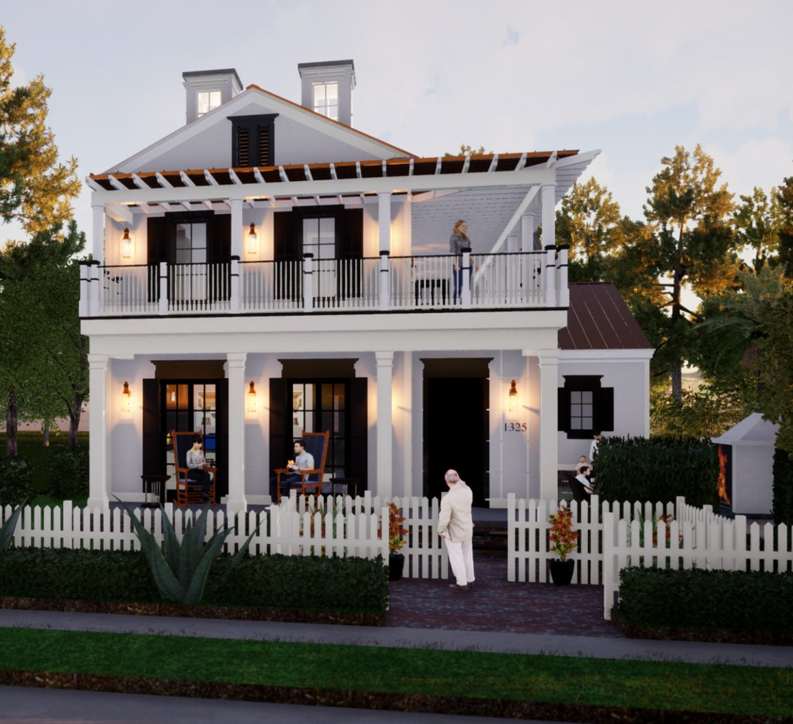 a white house with black shutters and a white picket fence