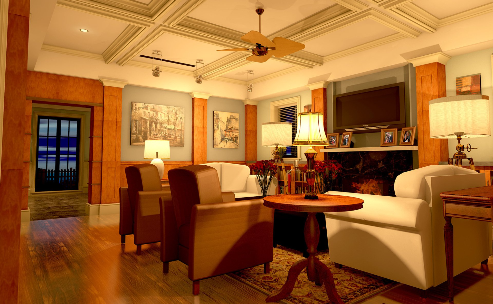 a living room filled with furniture and a ceiling fan