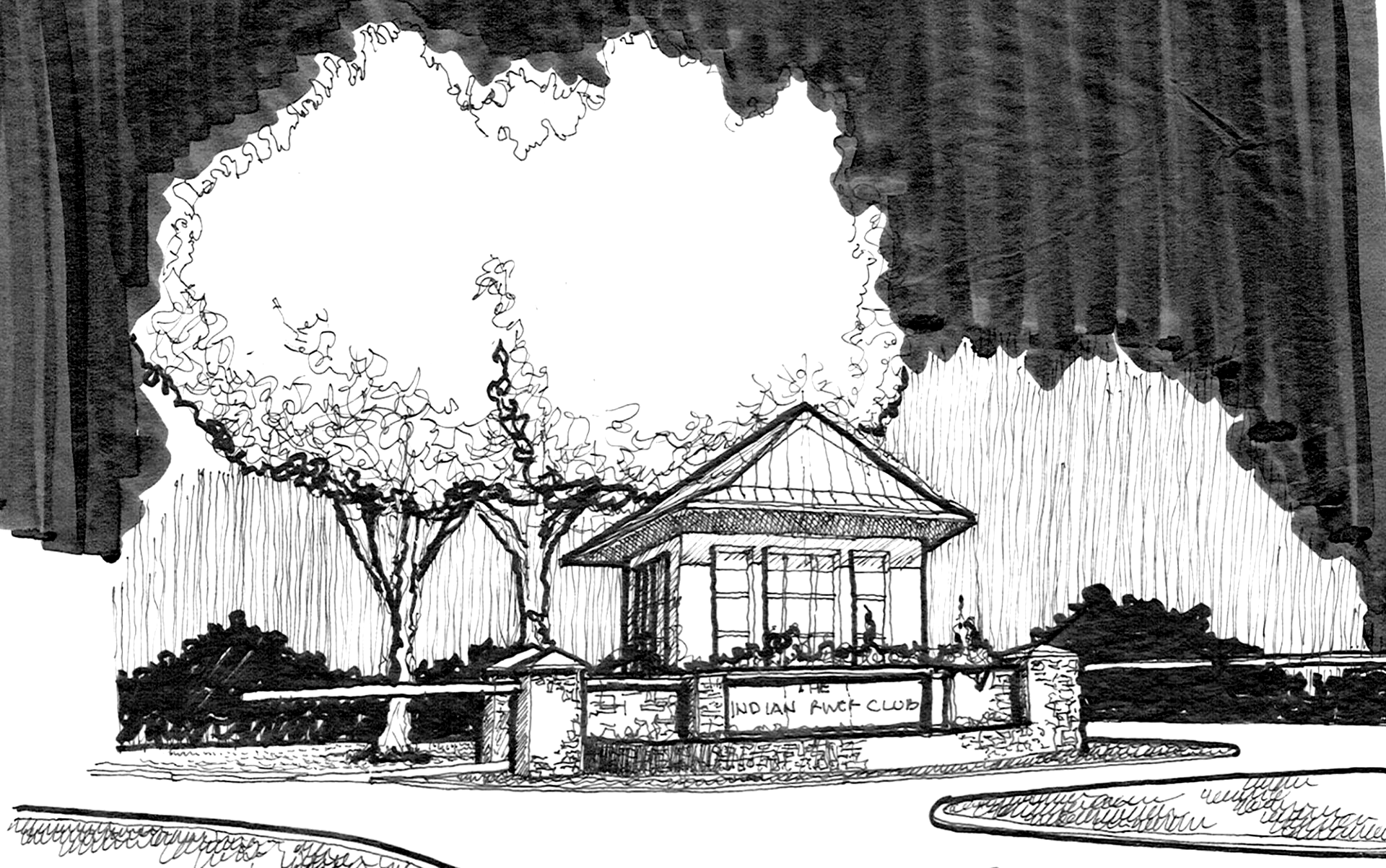 a black and white drawing of a house with trees in the background .