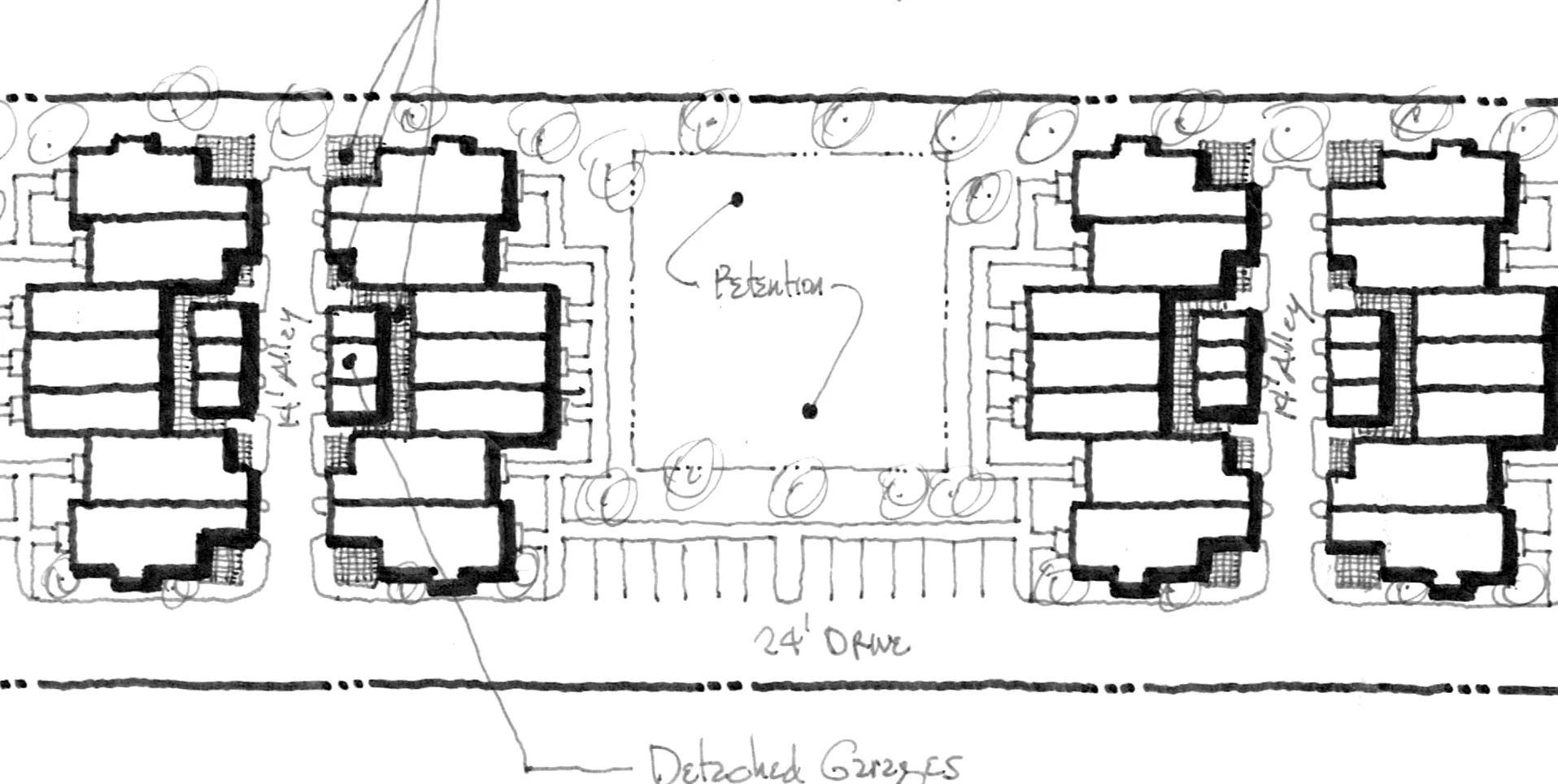 a black and white drawing of a row of buildings .