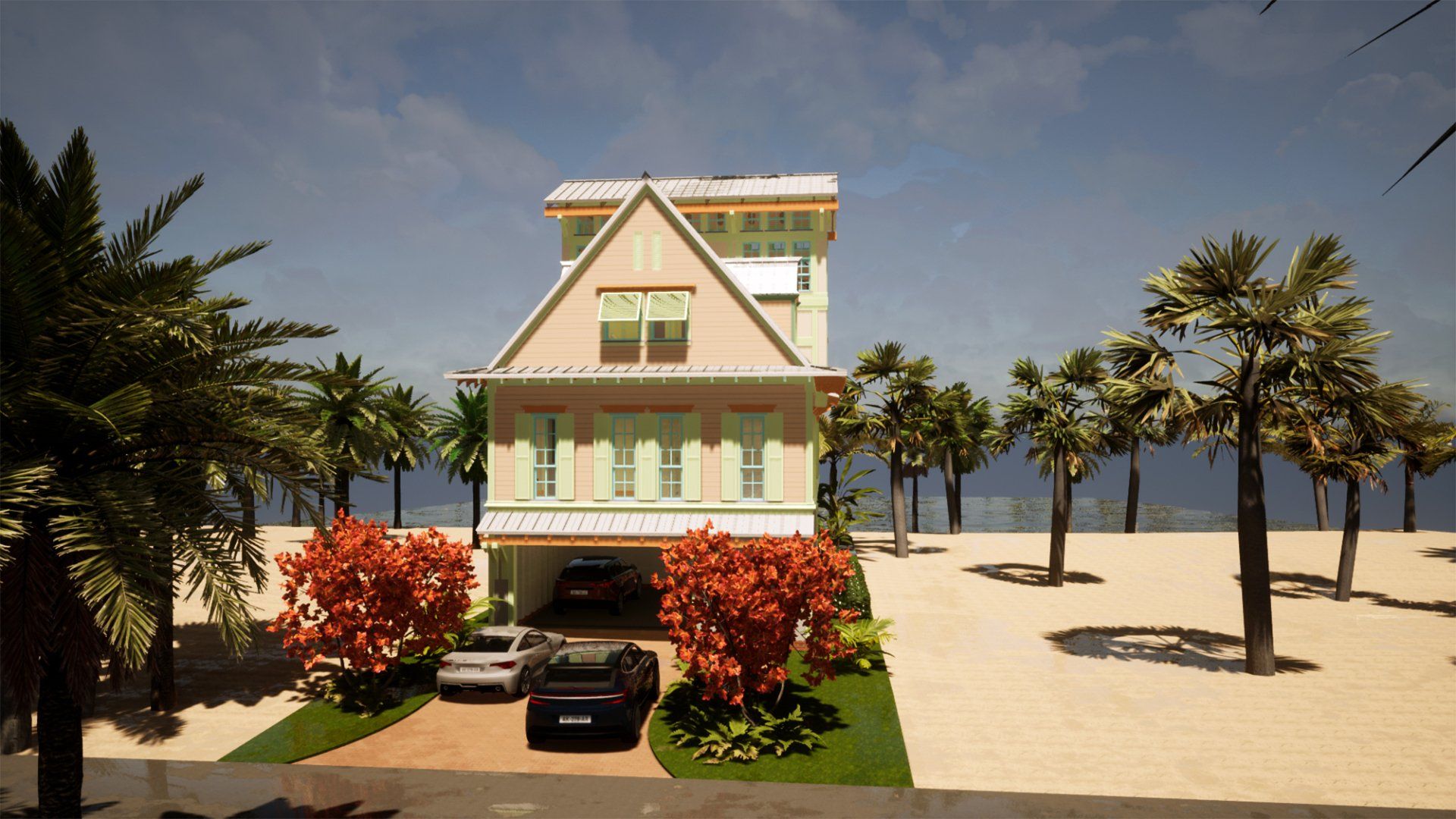a house with cars parked in front of it on a beach