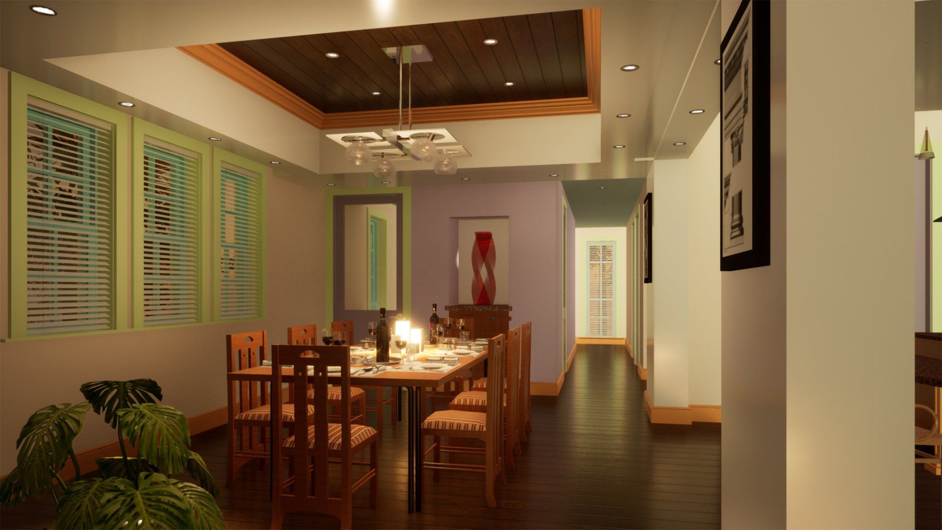 a dining room with a long table and chairs