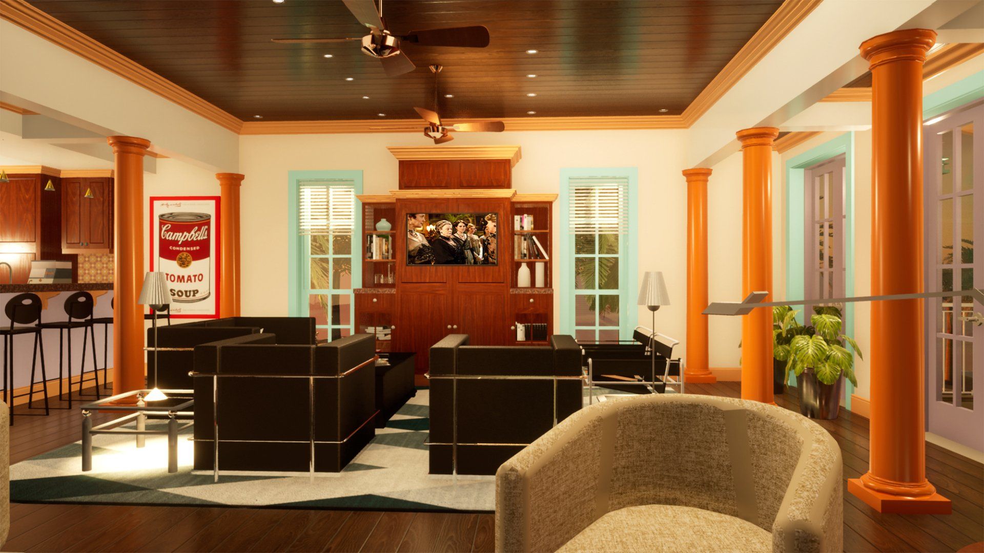 a living room with a picture of campbell 's soup on the wall