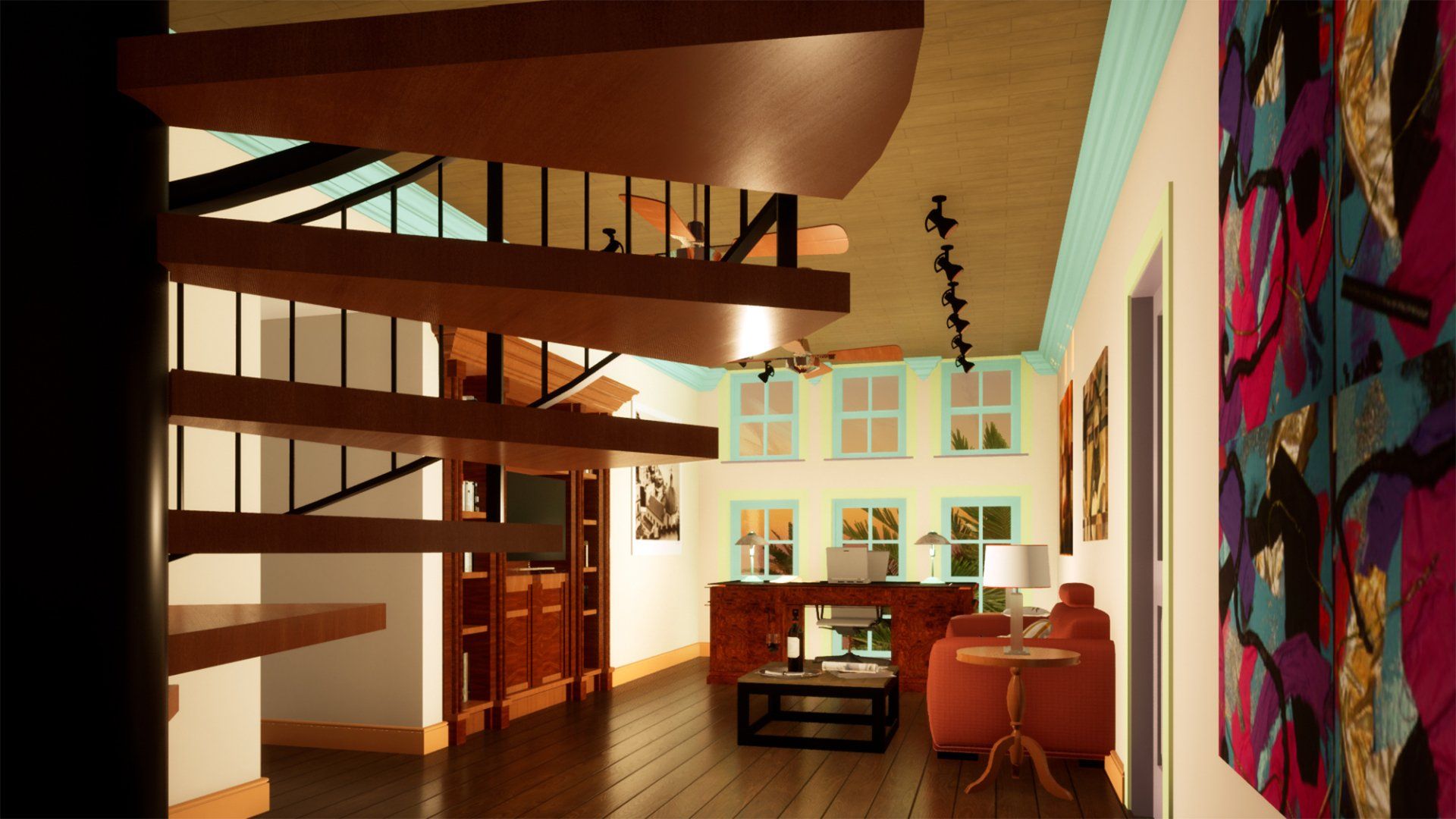 a living room with a spiral staircase leading to the second floor