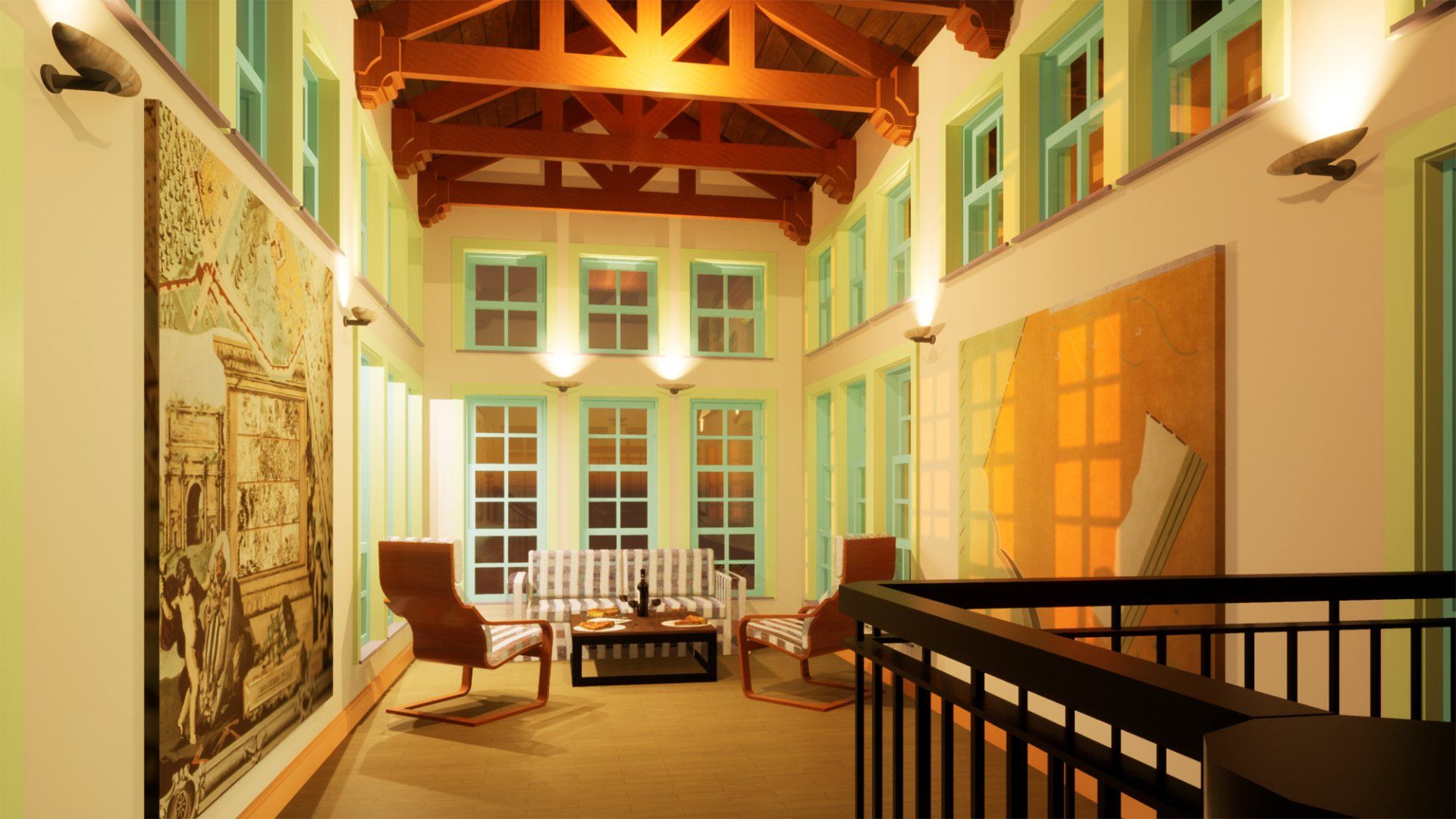 a large room with a lot of windows and chairs