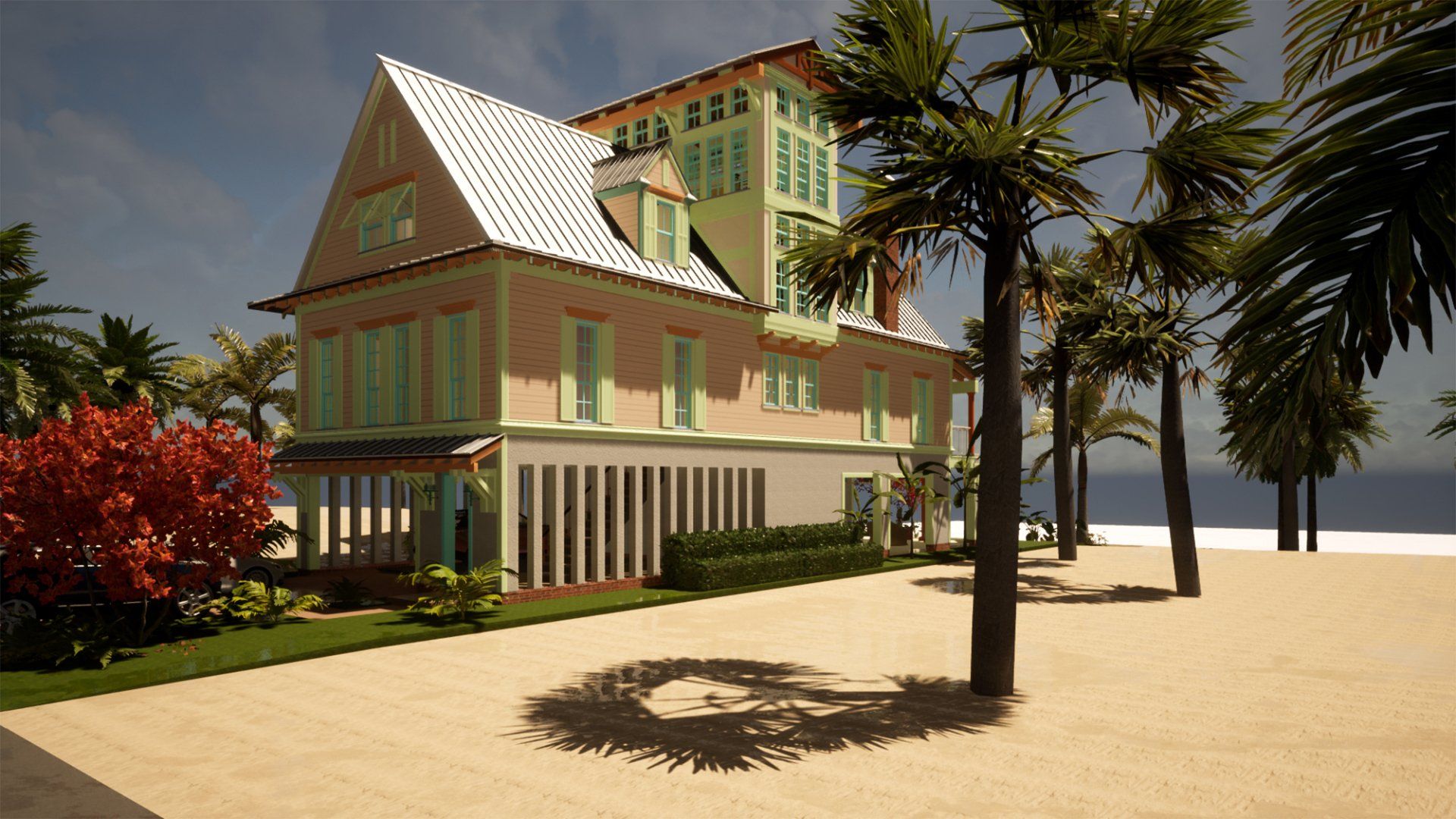 a large house is surrounded by palm trees on a beach .