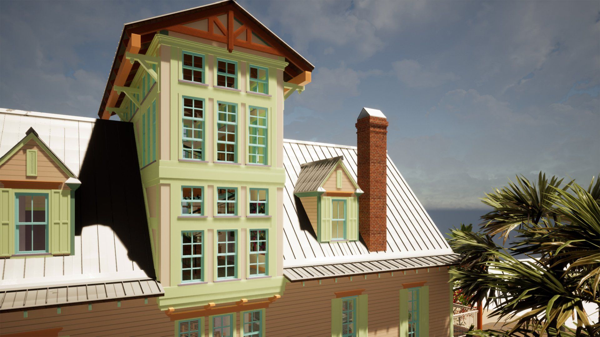 a large house with a lot of windows and a chimney on the roof