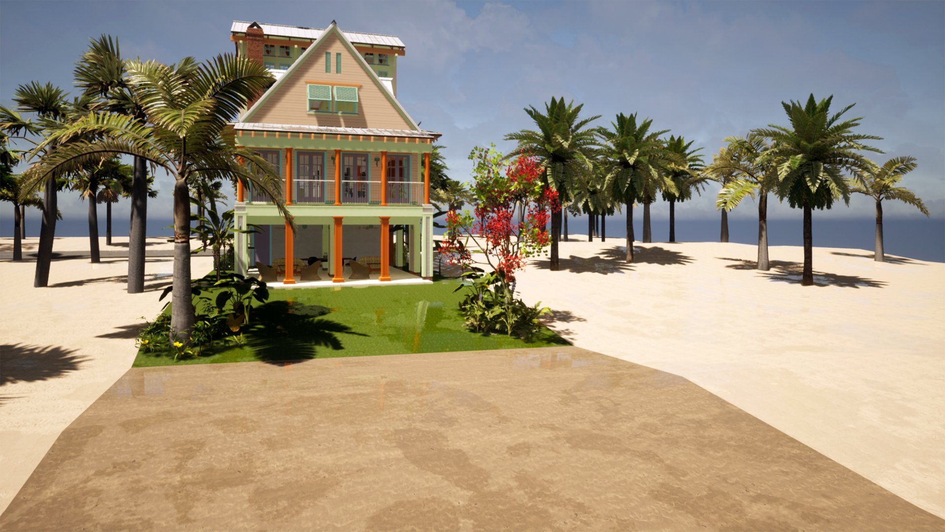 a house is sitting on top of a sandy beach surrounded by palm trees .