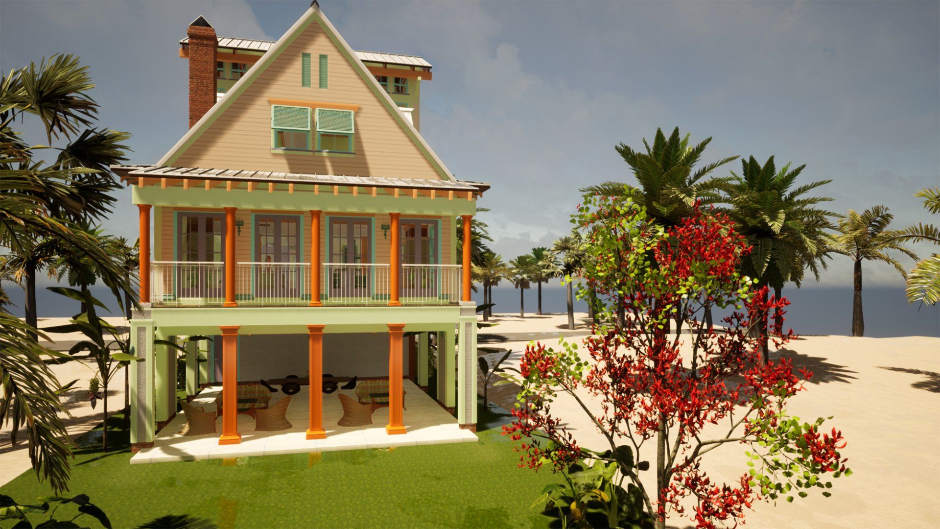 a large house is sitting on top of a sandy beach surrounded by palm trees .