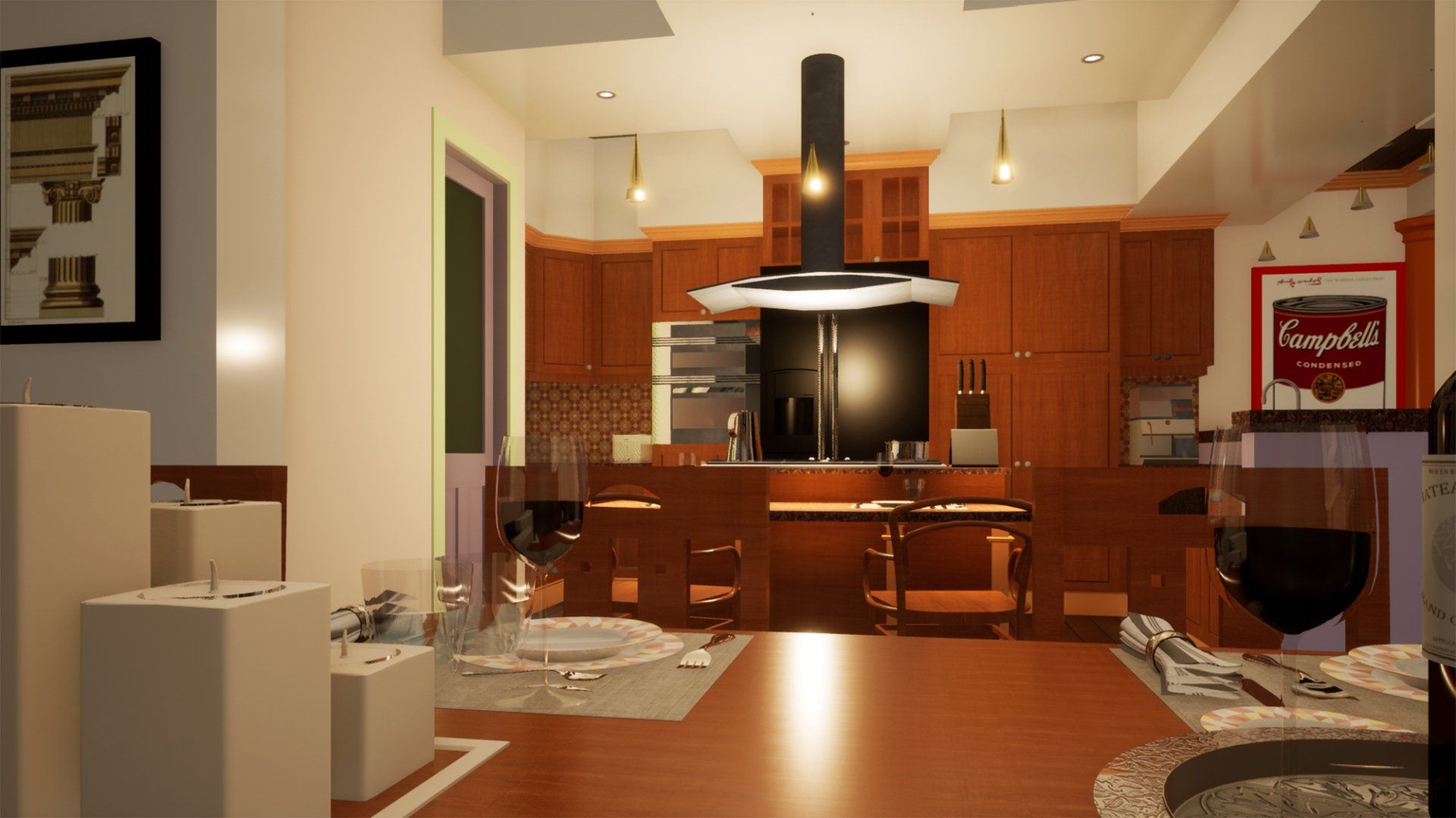 a 3d rendering of a kitchen and dining room with a glass of wine on the table .