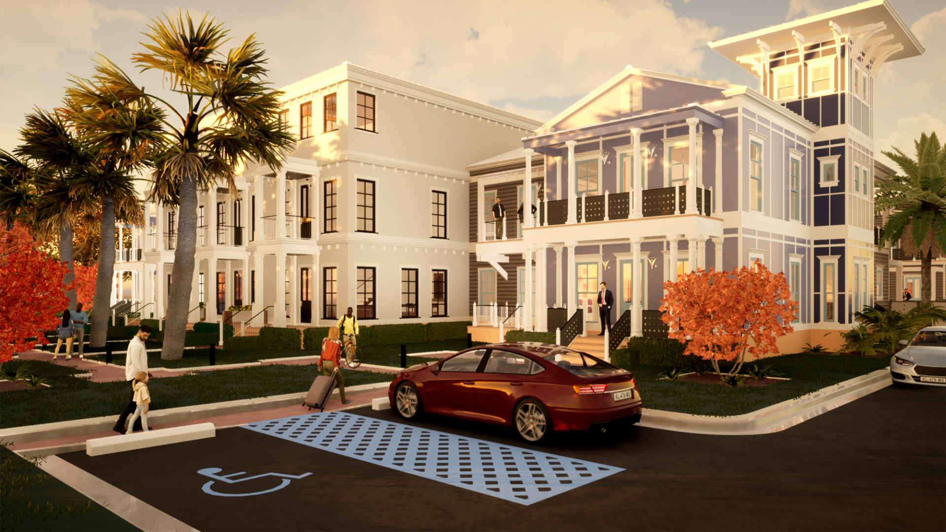 a red car is parked in front of a large white building .