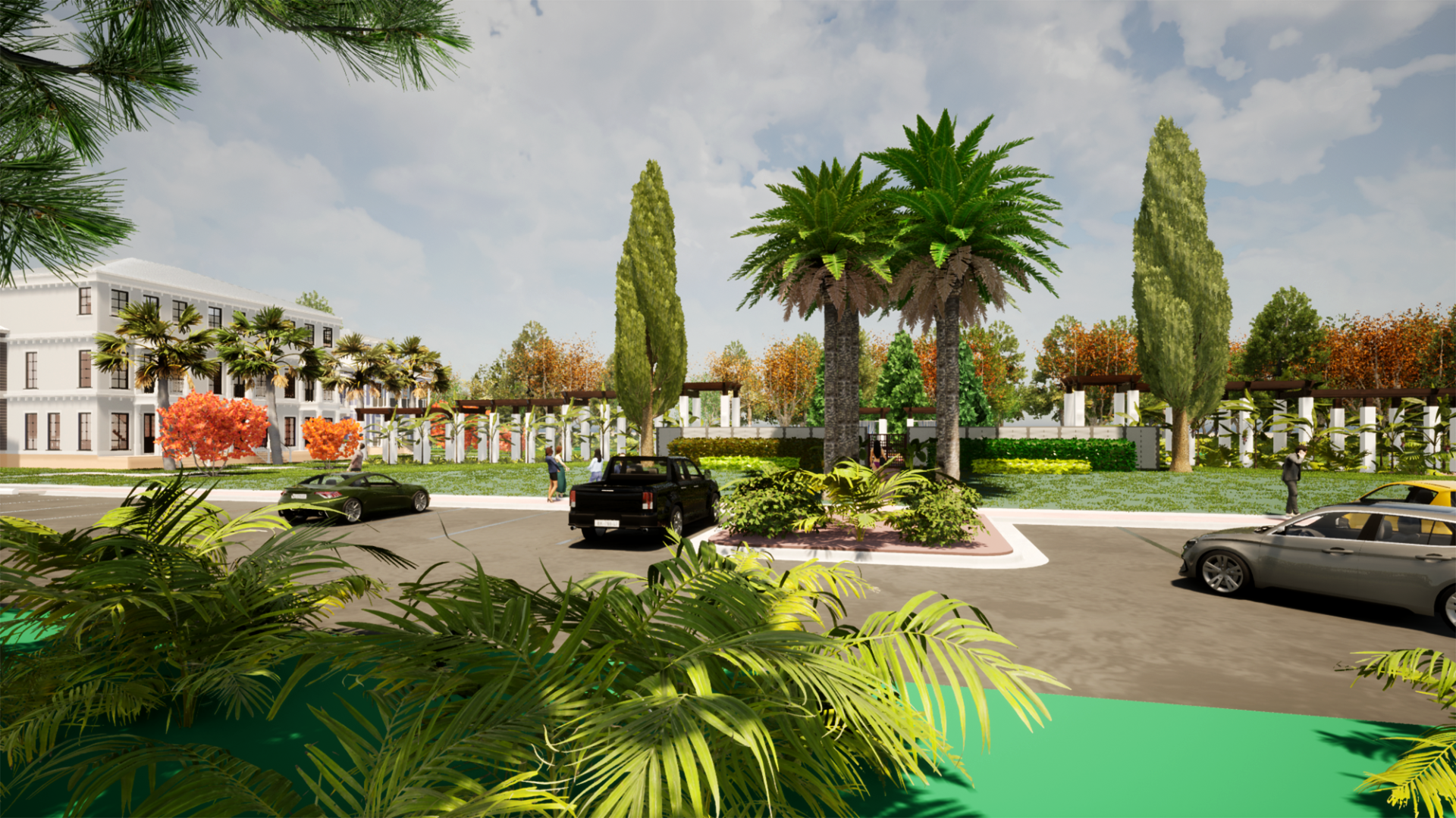 a rendering of a parking lot with cars parked in front of a building and palm trees .
