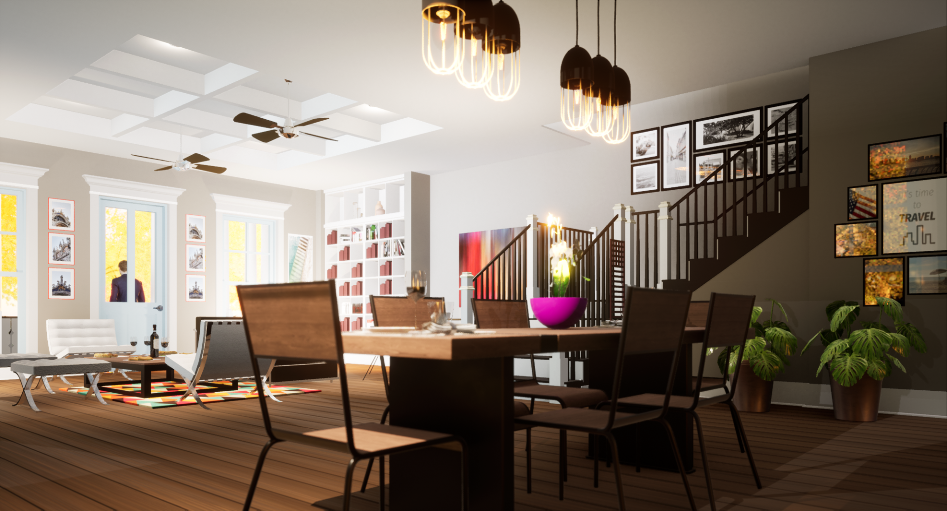 a dining room with a table and chairs and a staircase in the background .