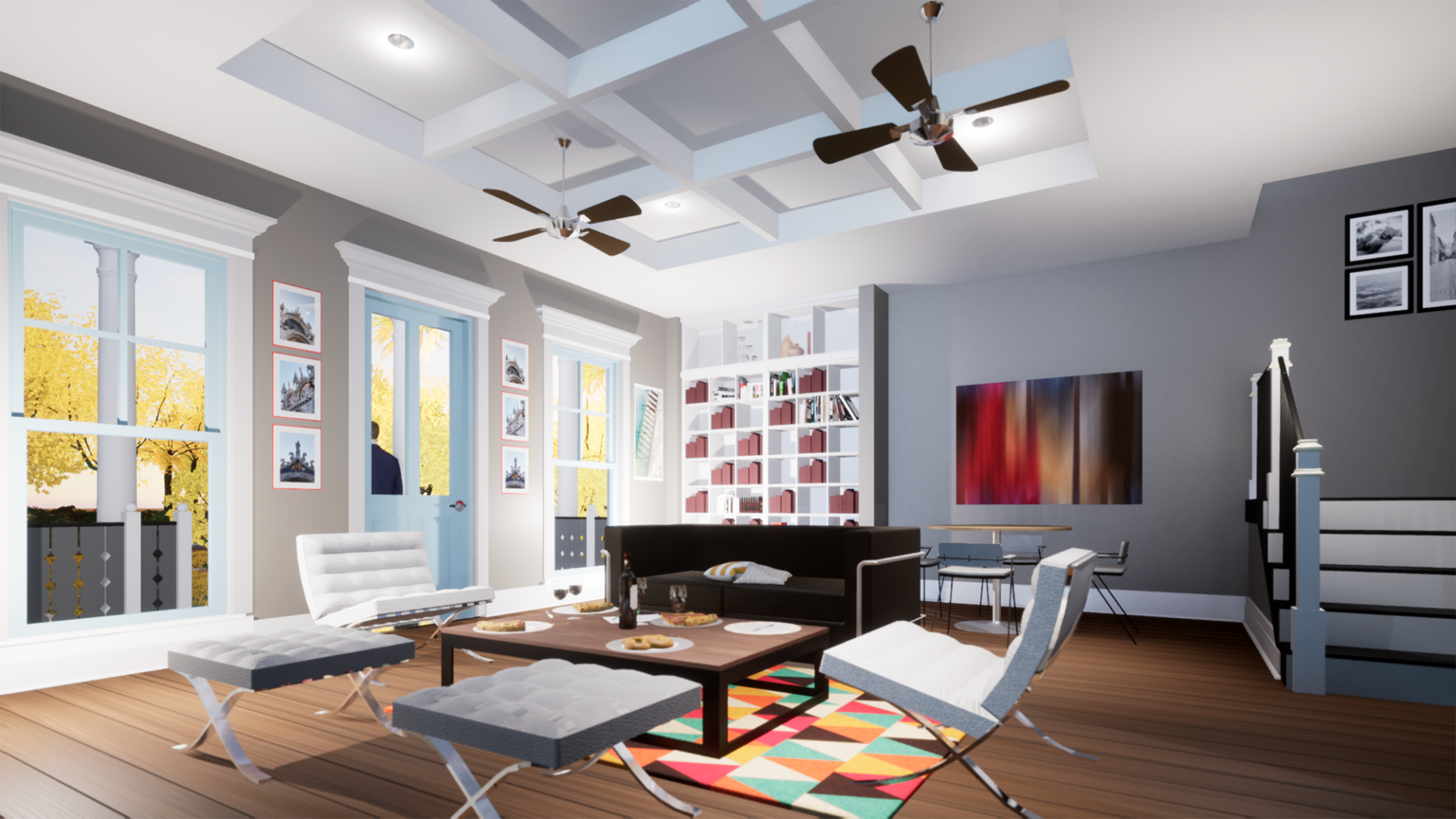 a living room with a couch , chairs , a coffee table and a ceiling fan .