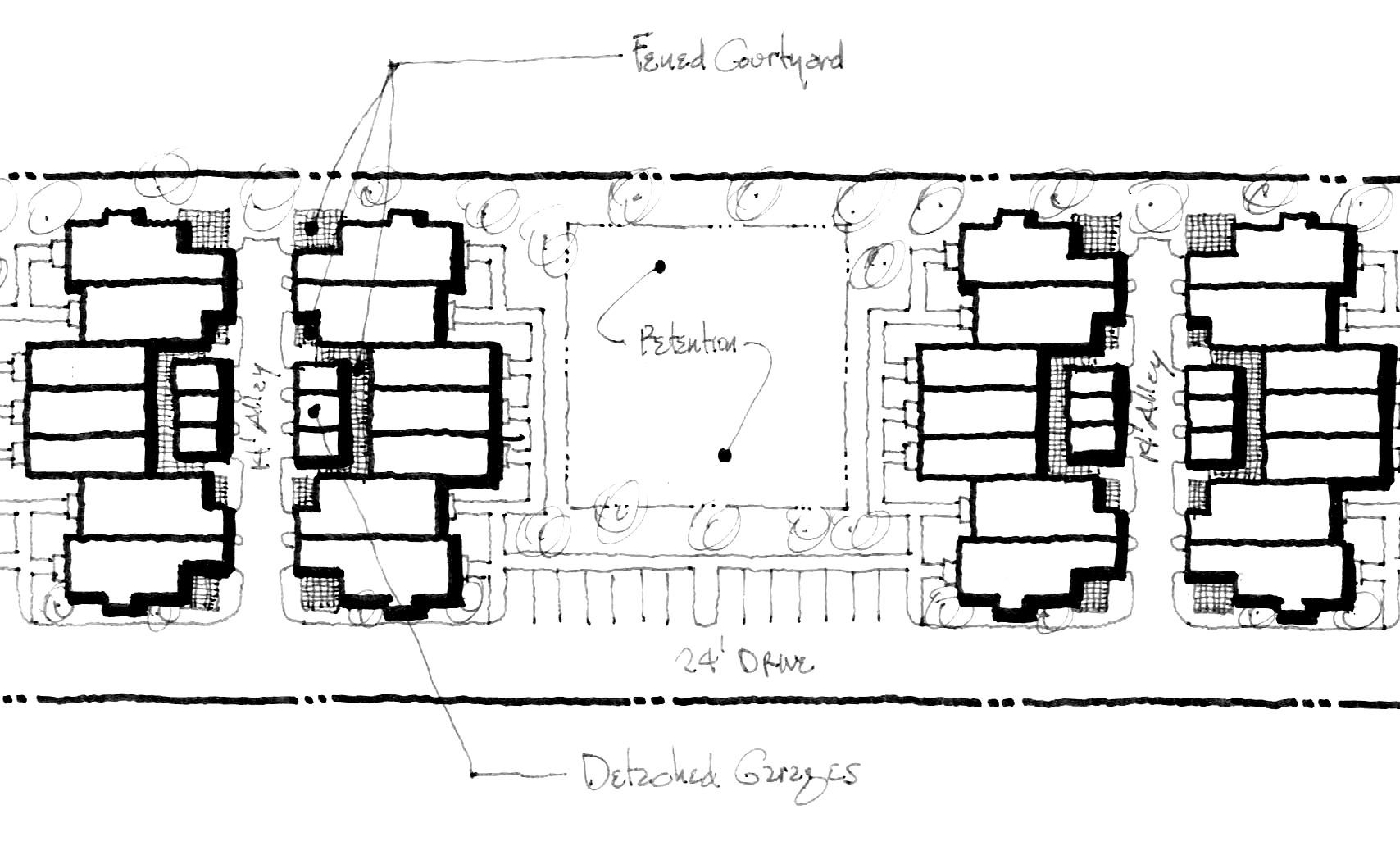 a black and white drawing of a row of buildings .