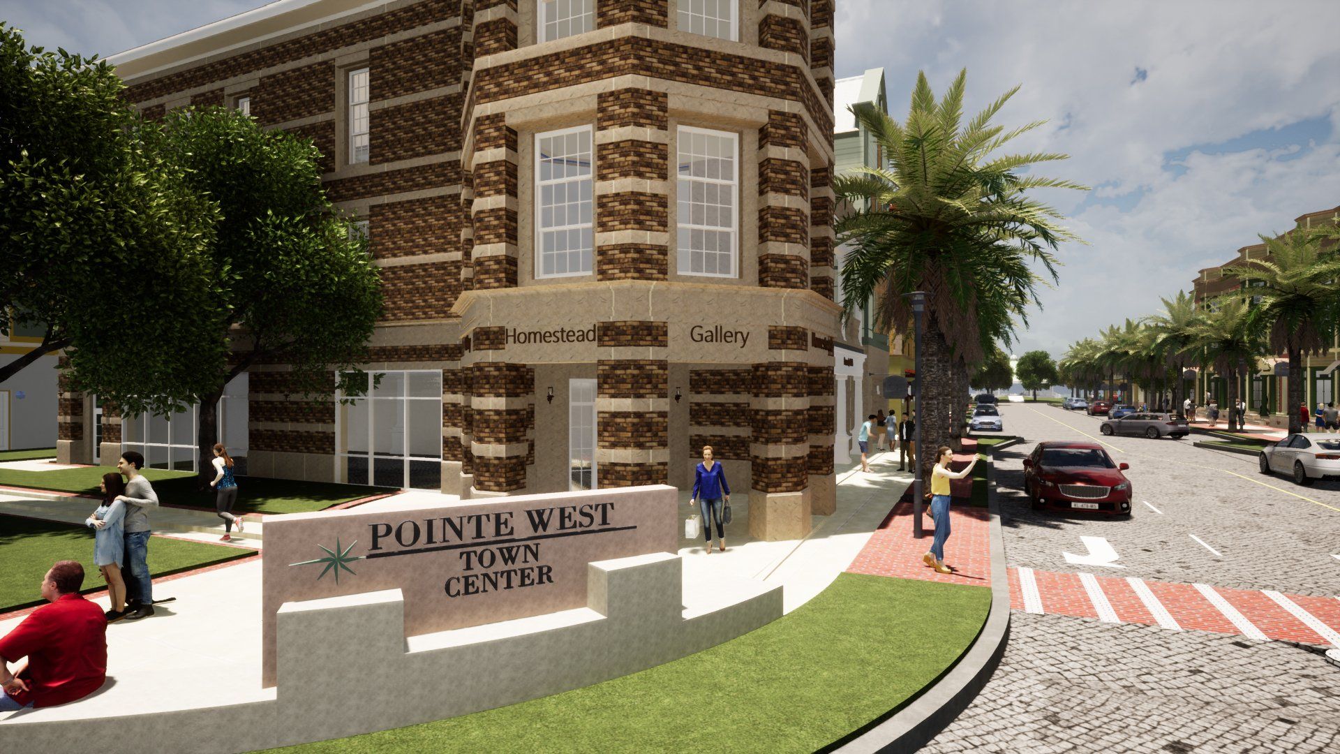 an artist 's impression of a brick building with a sign that says ' pueblo west ' on it