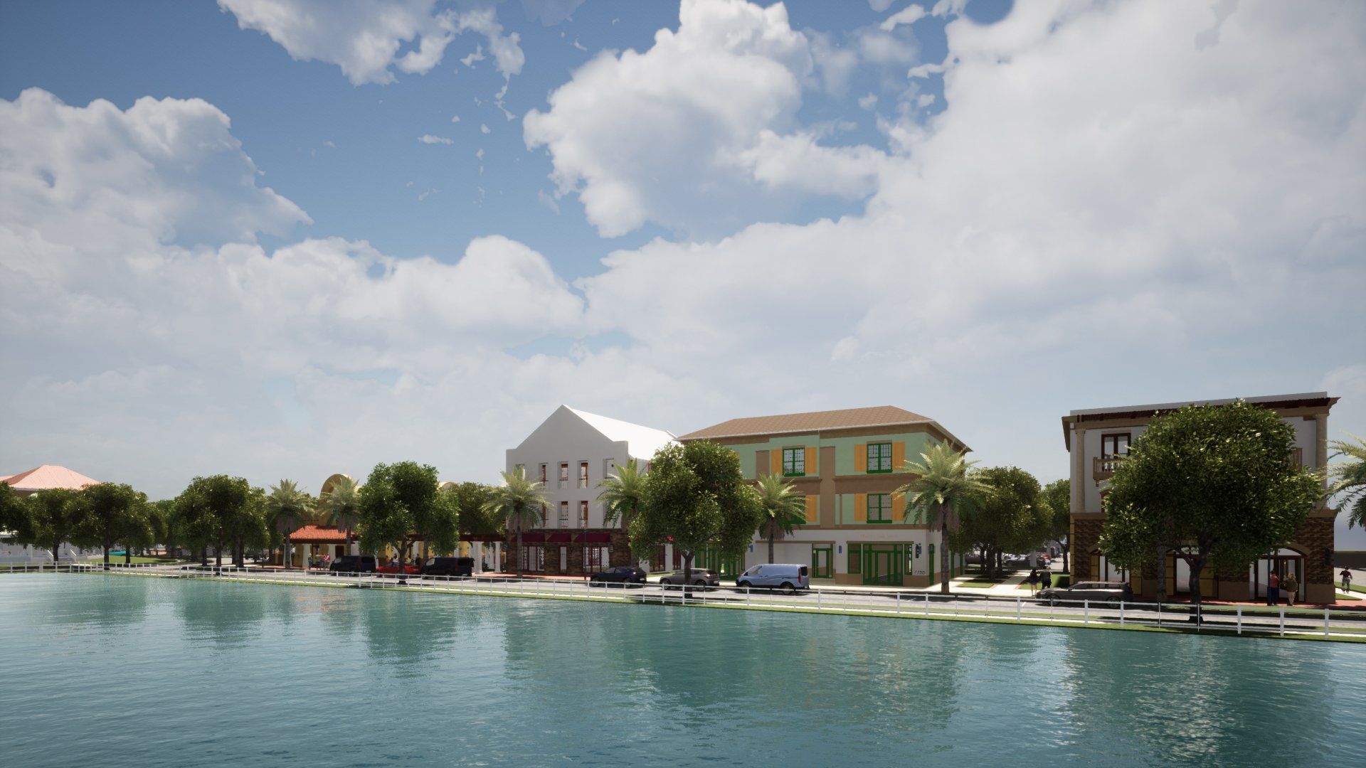 an artist 's impression of a city near a body of water