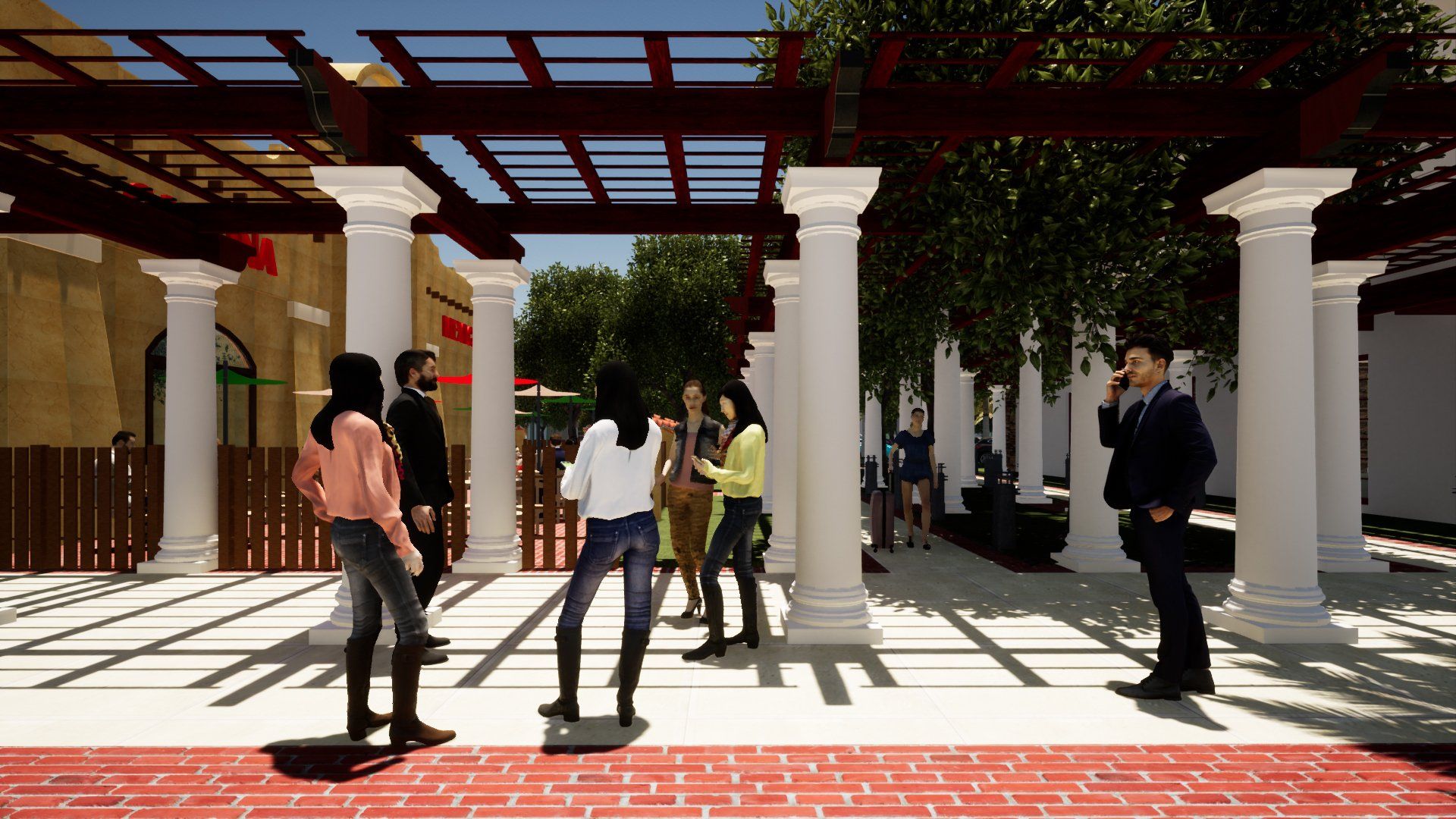 a group of people are standing under a pergola in a park .