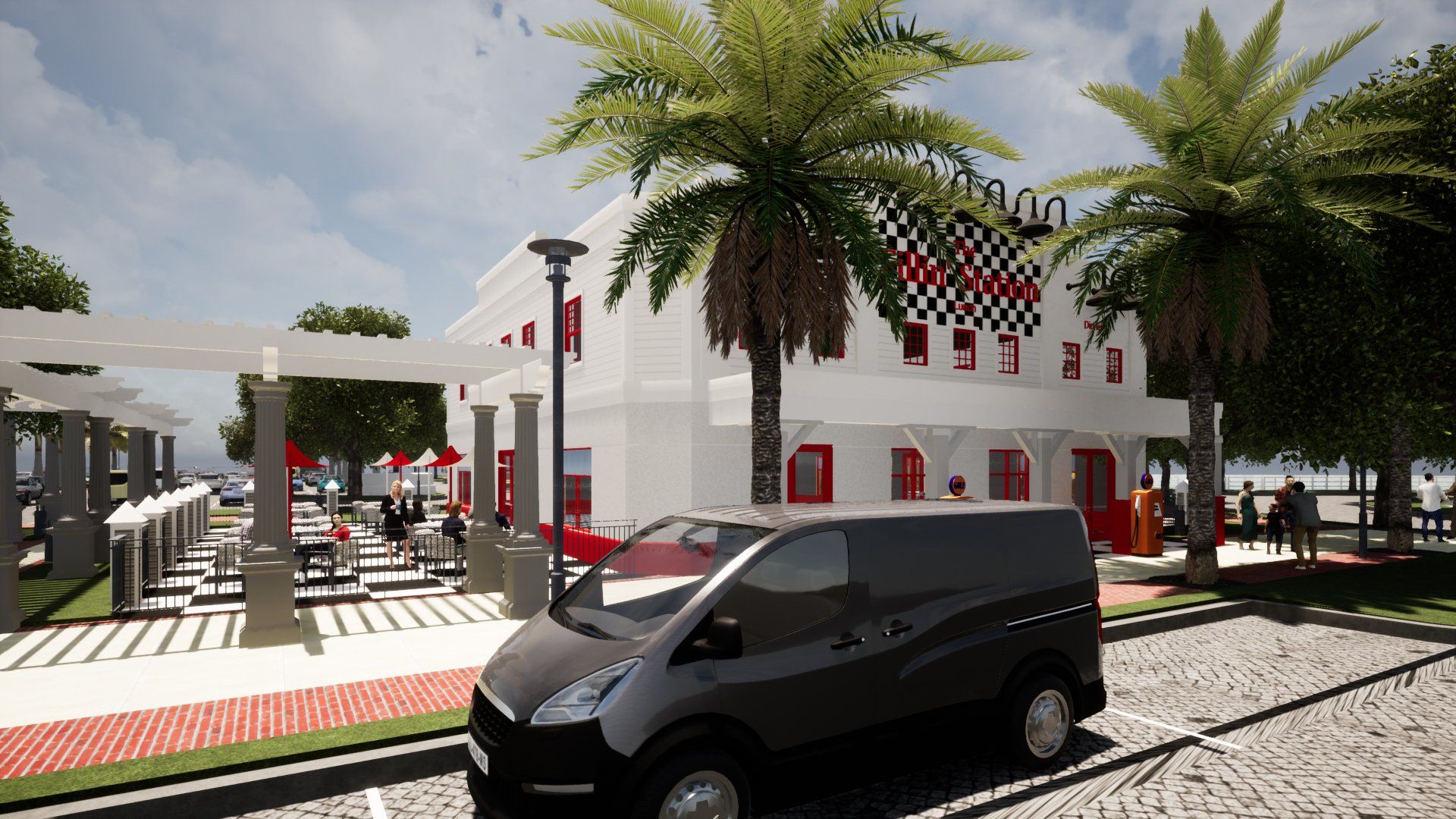 a black van is parked in front of a white building with palm trees .