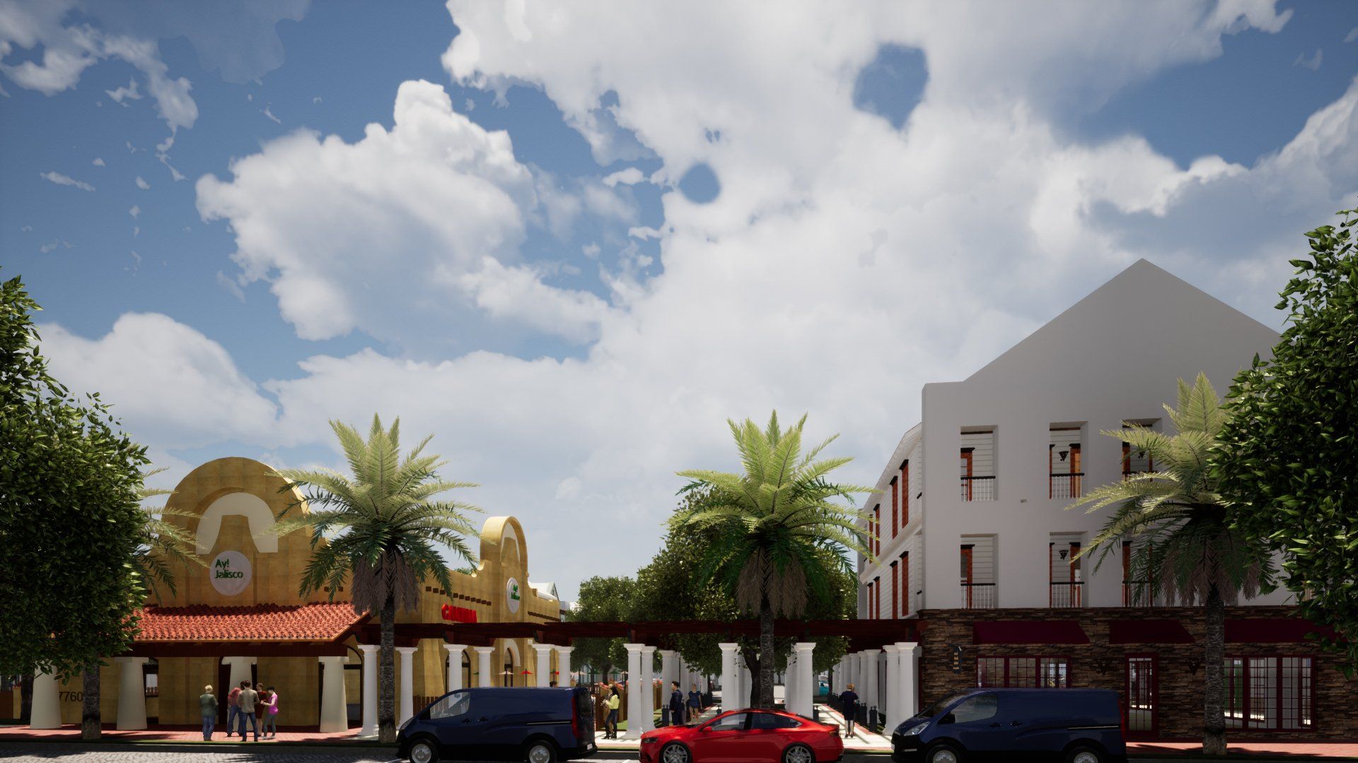 a red car is parked in front of a building .