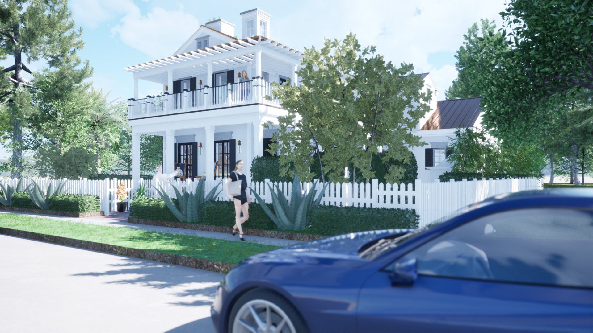 a blue car is parked in front of a white house .
