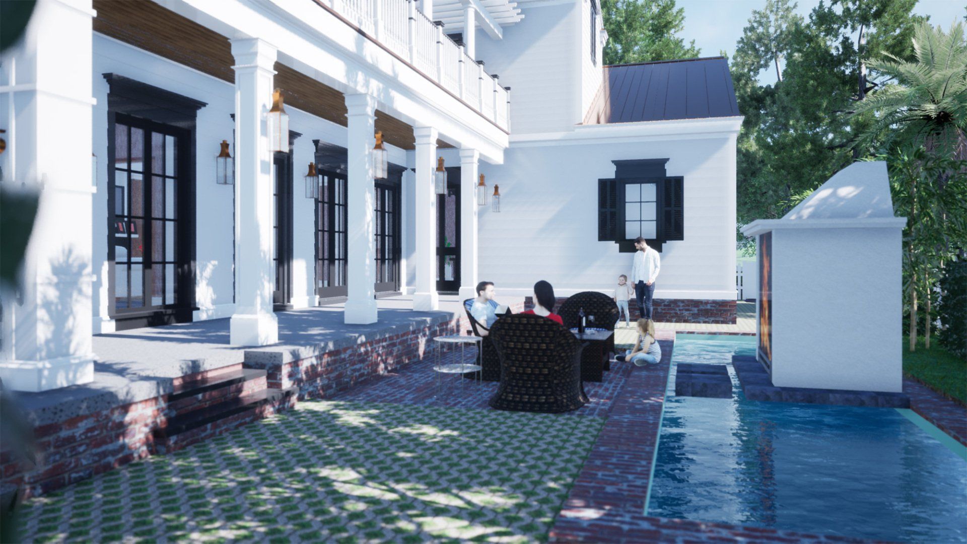 a group of people are sitting on a patio next to a swimming pool .