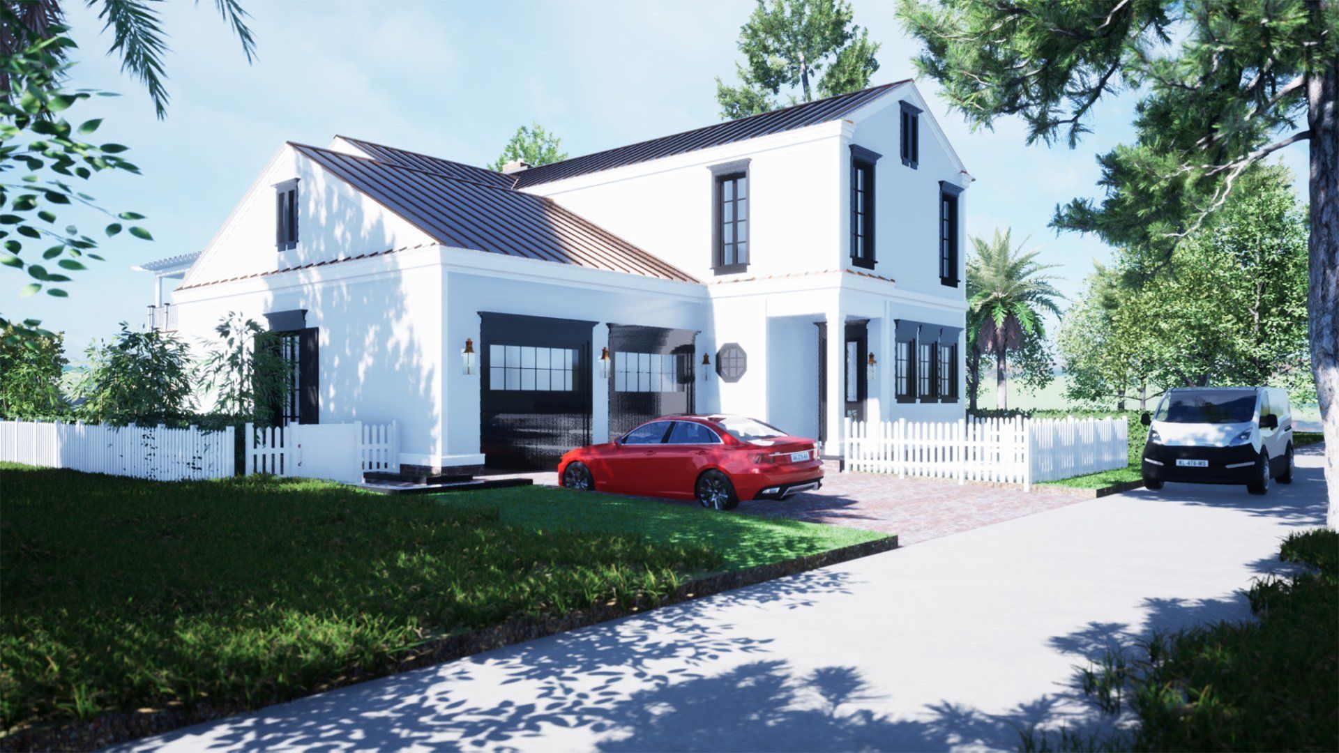 a white house with a red car parked in front of it .