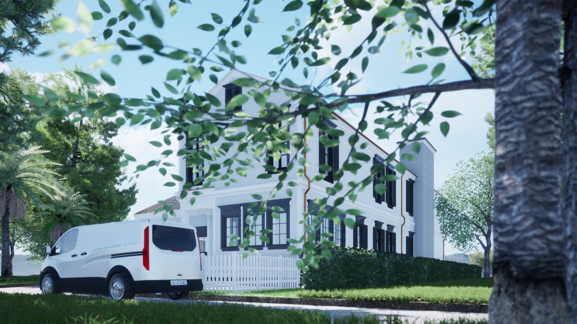 a white van is parked in front of a white house .