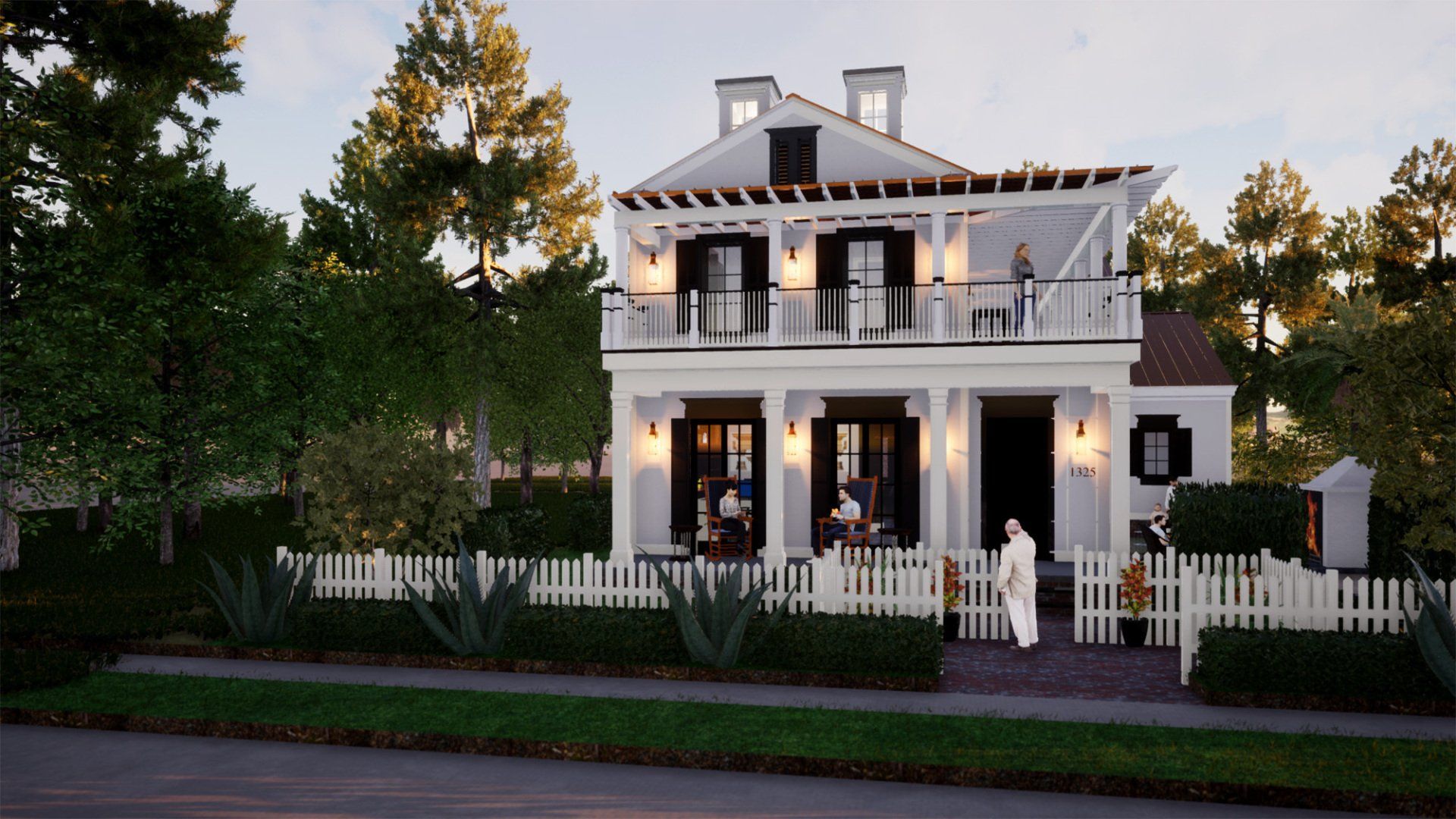 a man is standing in front of a large white house with a white picket fence .