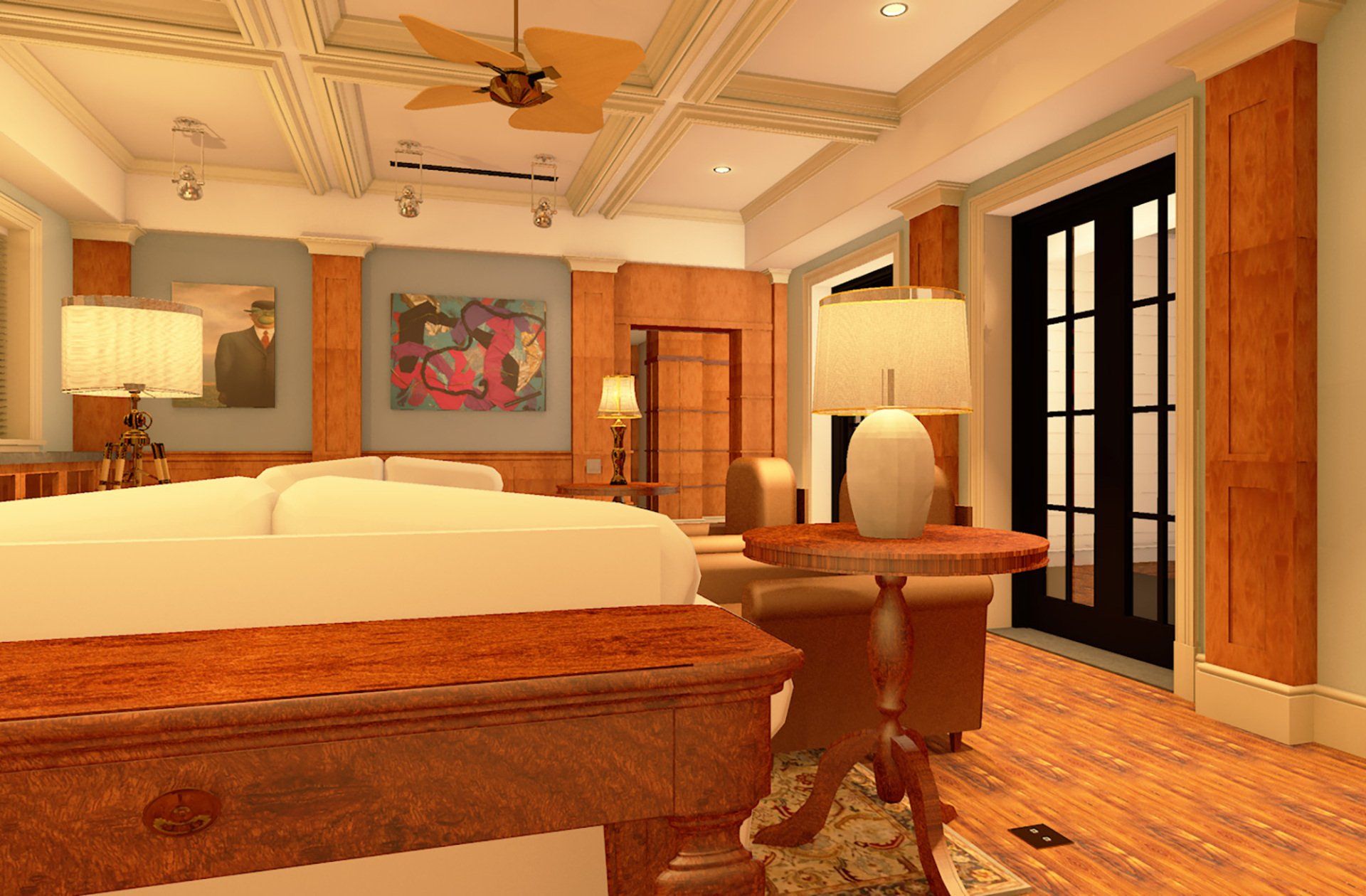 a living room with a couch , table , lamps and a ceiling fan .