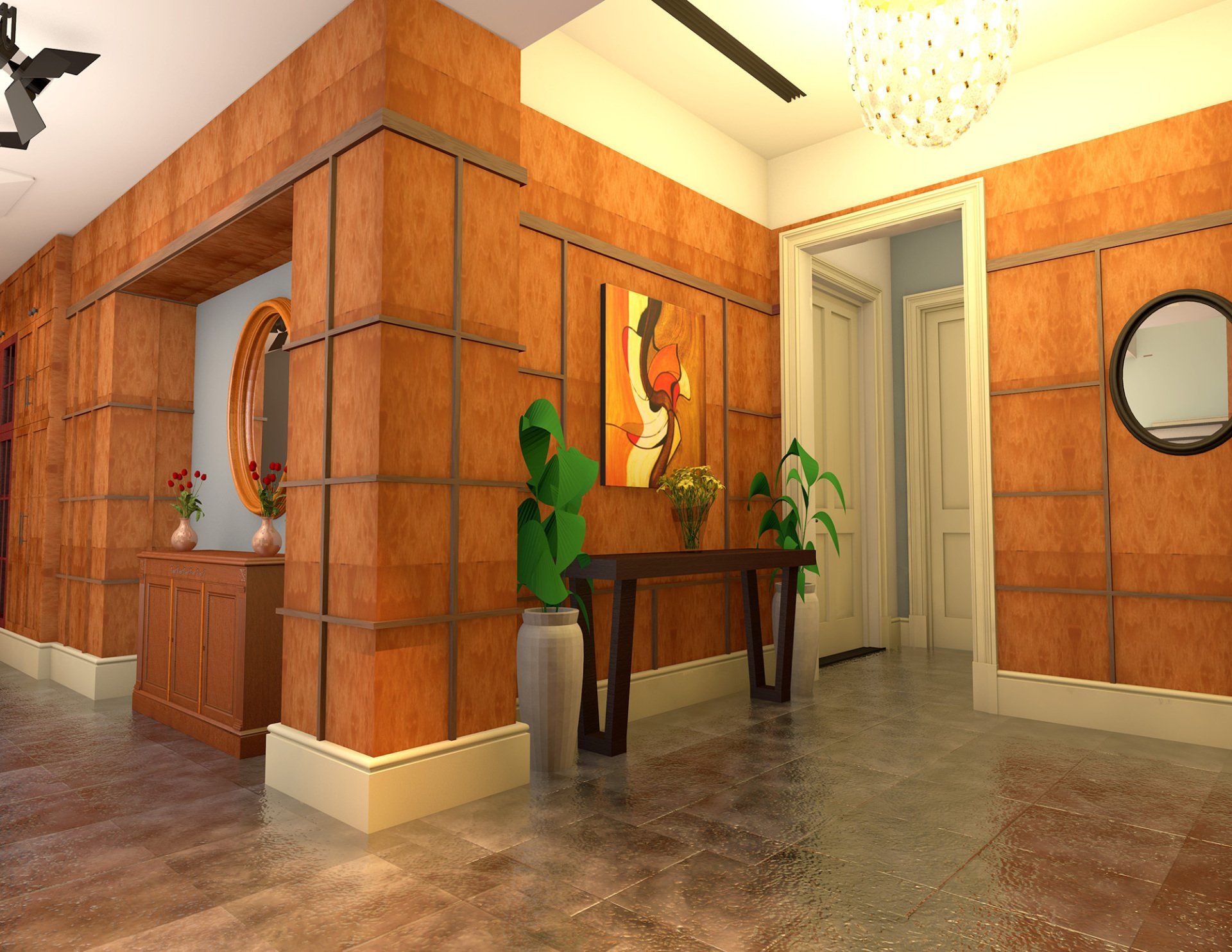 a hallway with a table and a painting on the wall