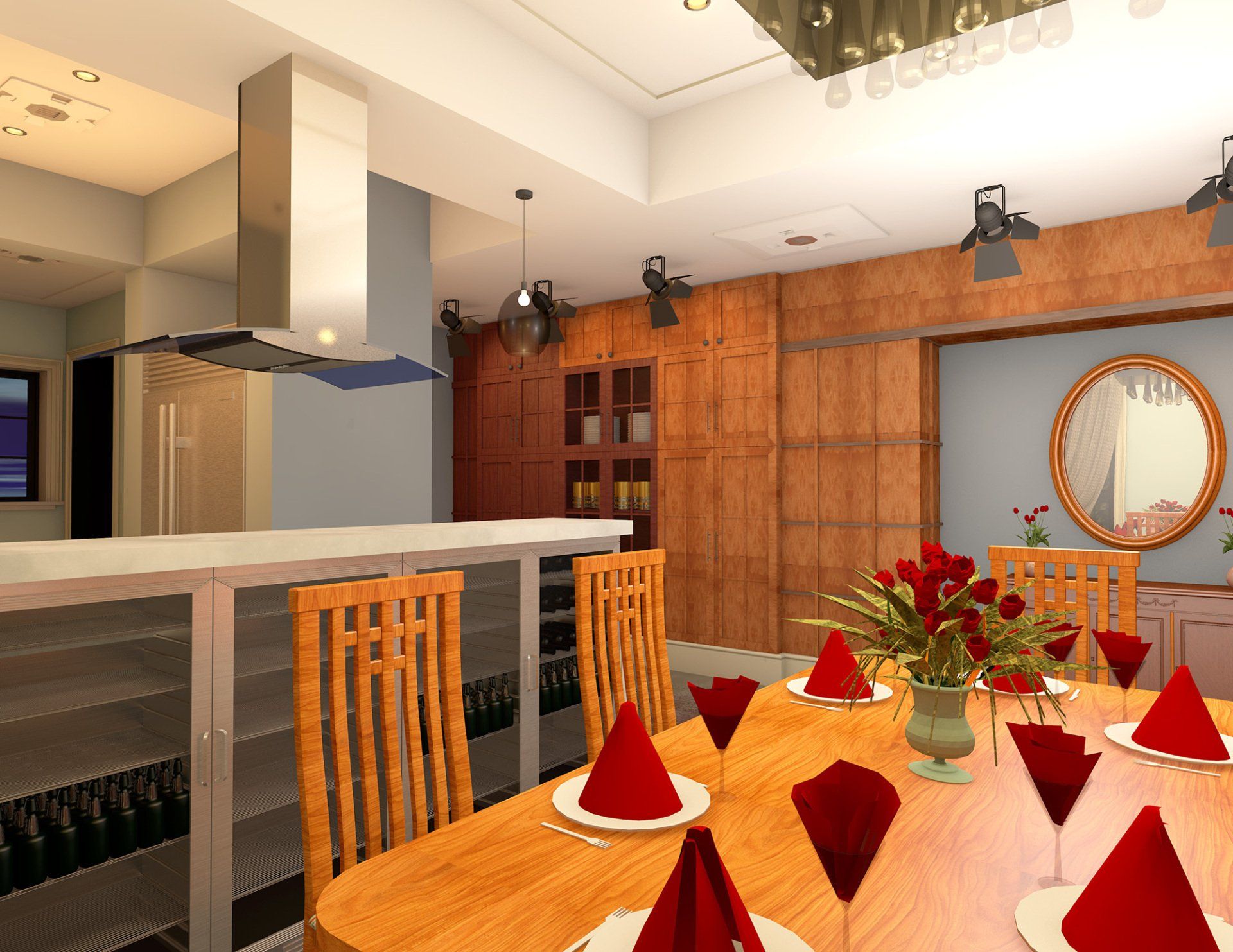 a dining room table with red napkins and wine glasses