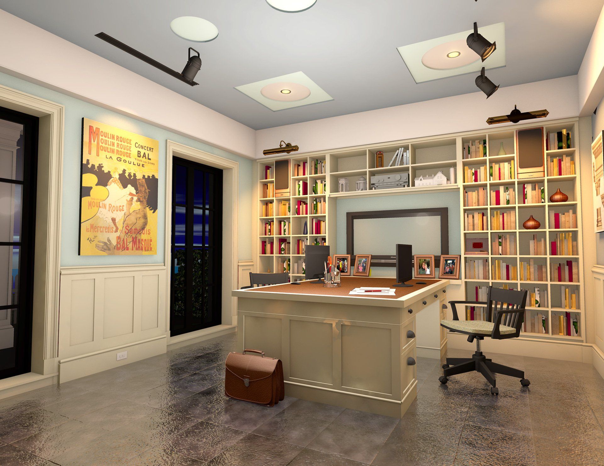 a computer generated image of a home office with lots of bookshelves