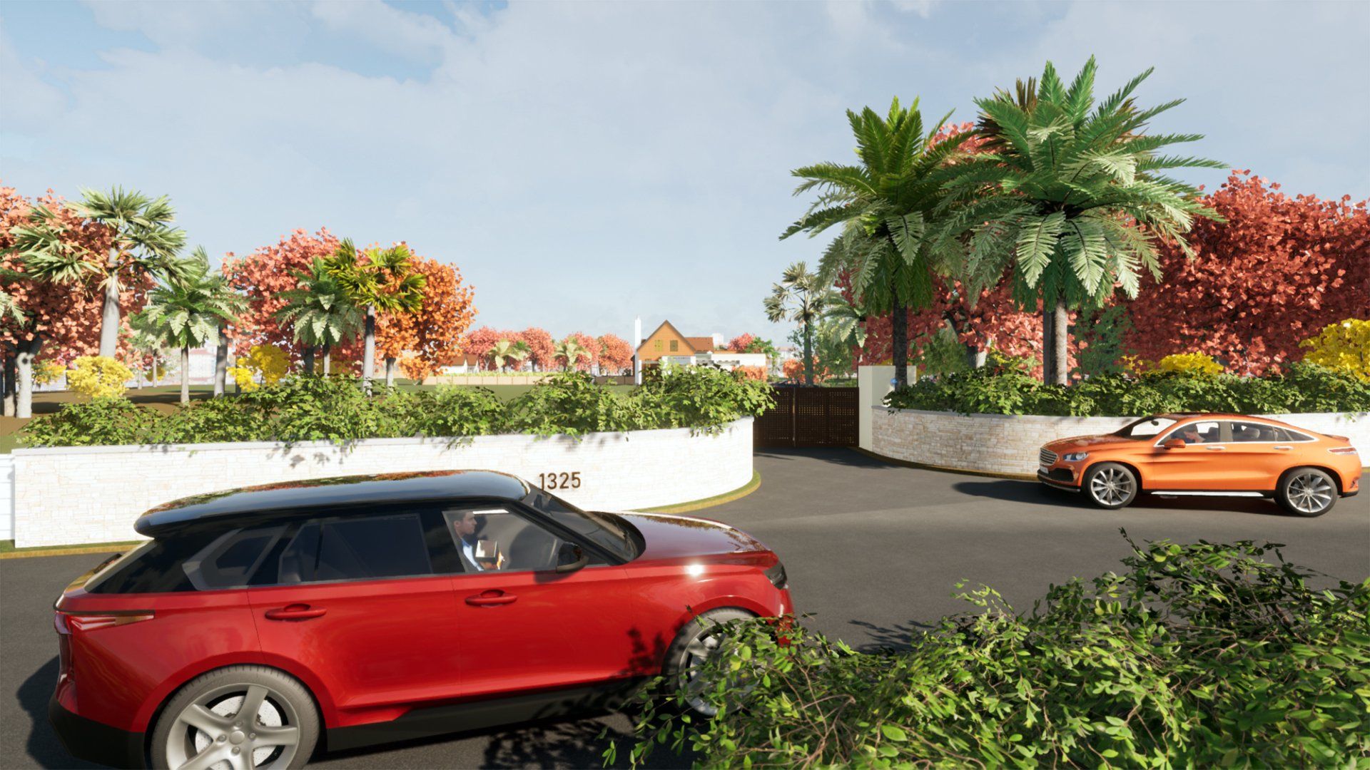 a red car is parked on the side of the road next to an orange car .