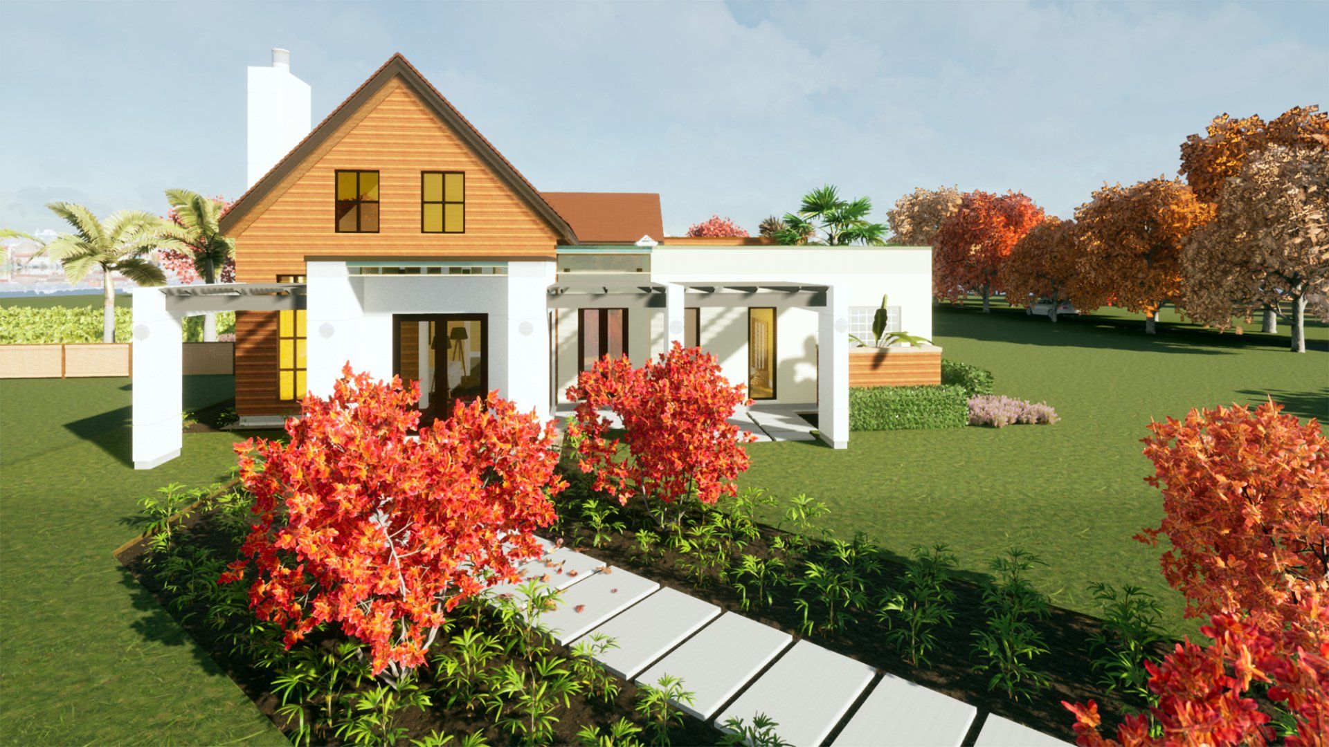 a 3d rendering of a house with a walkway leading to it surrounded by trees and bushes .