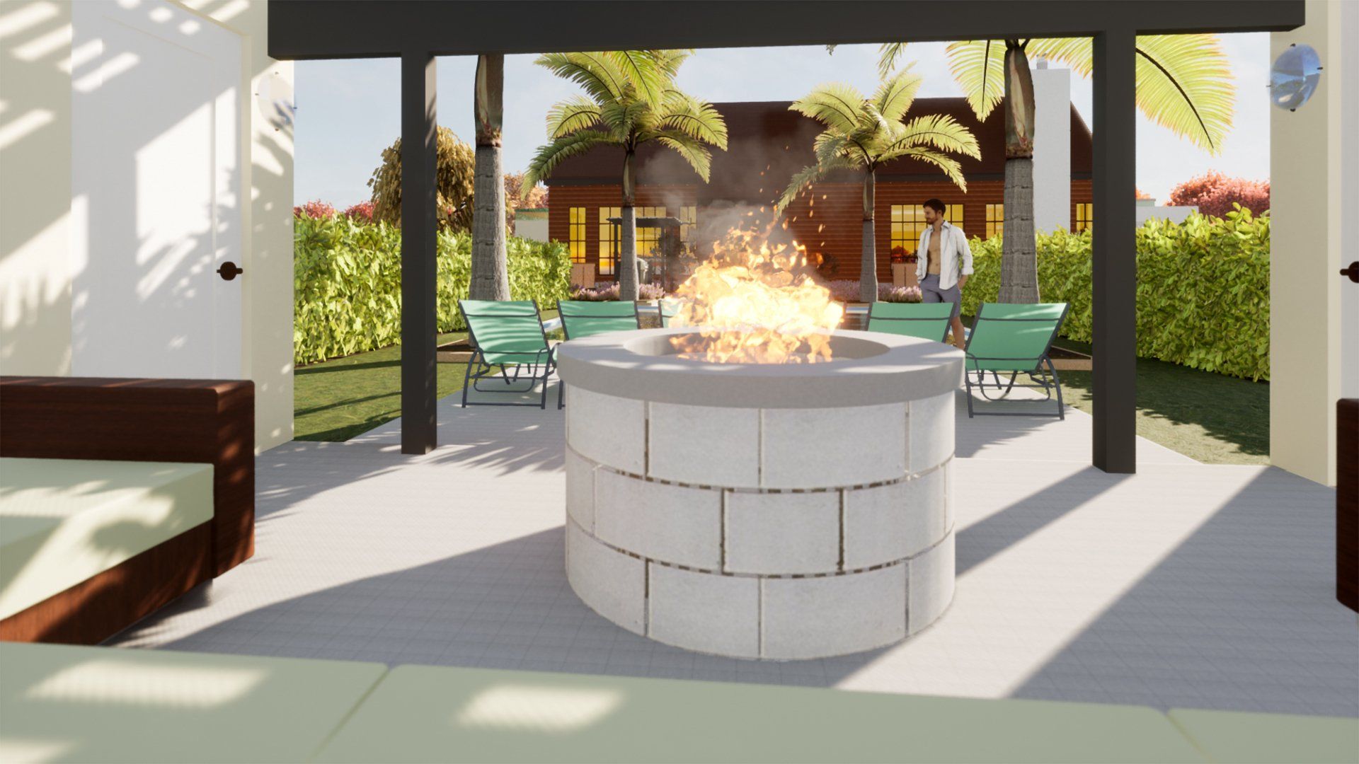 an artist 's impression of a fire pit in a patio area