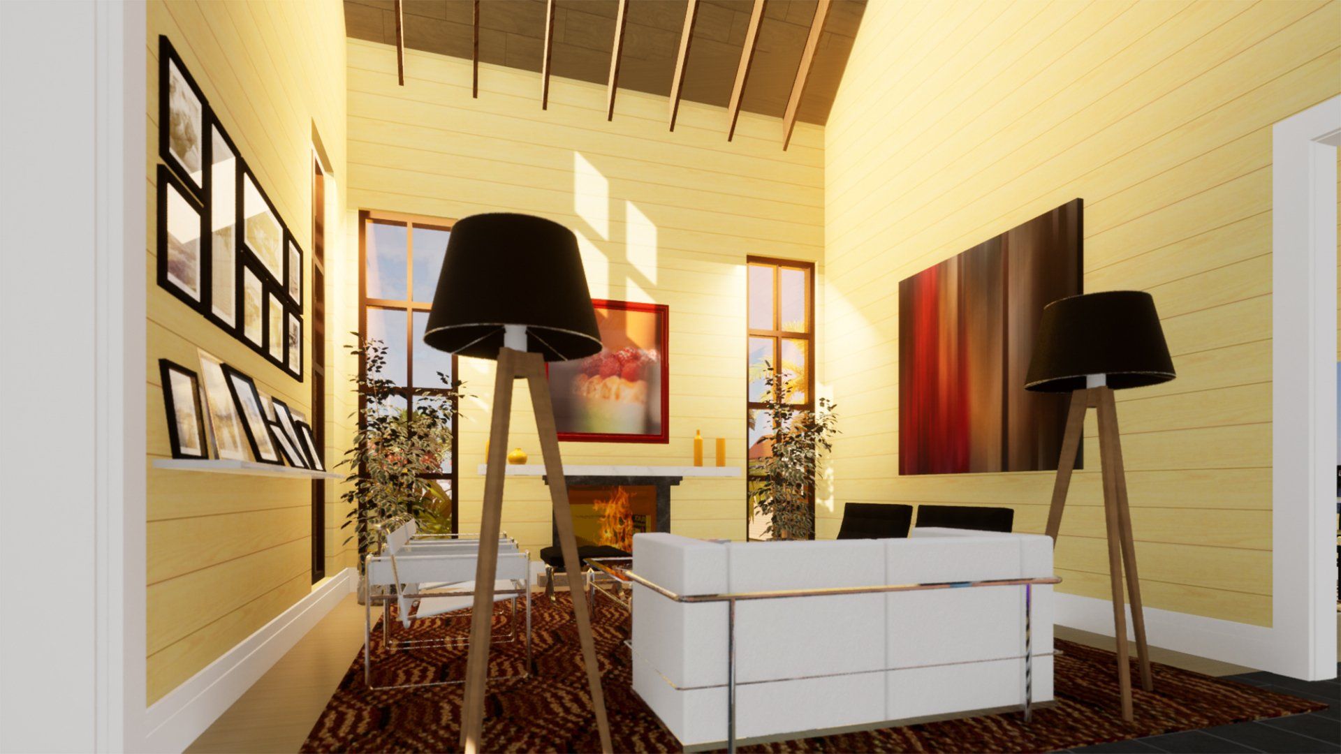 a living room with a white couch and a fireplace