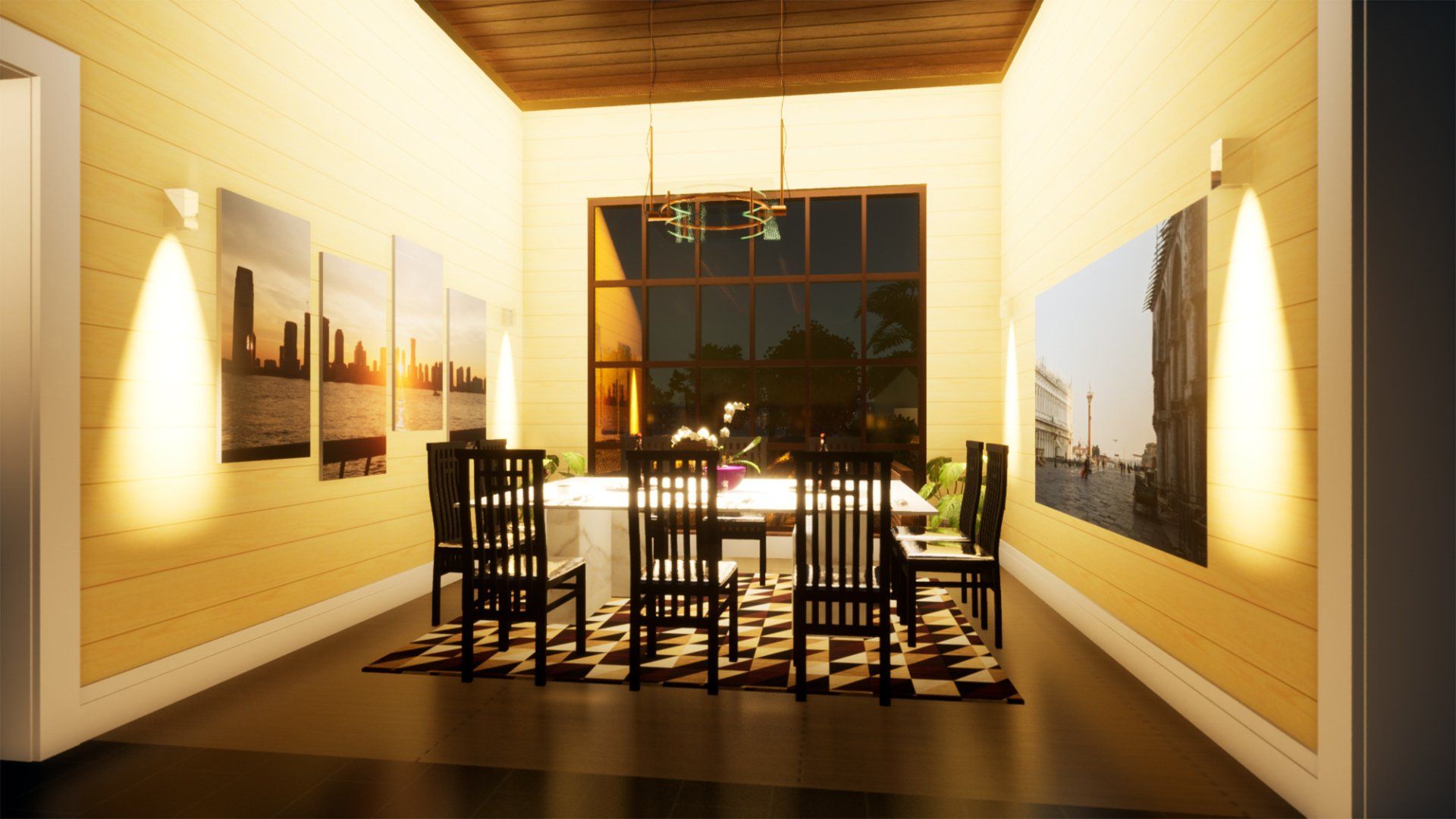 a dining room with a table and chairs and a large window .