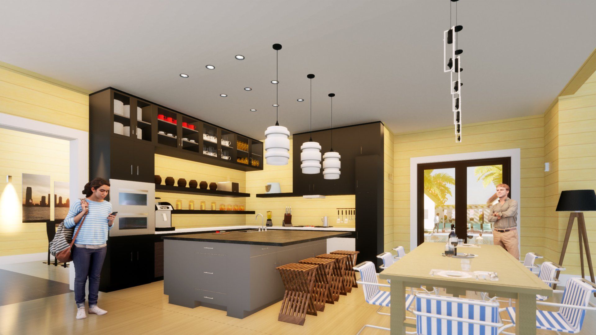 an artist 's impression of a kitchen and dining room in a house .