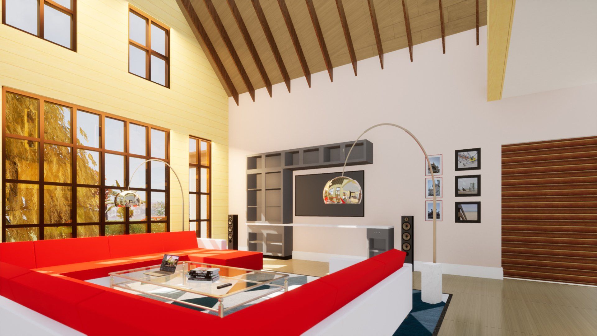 a living room with a red couch and a television