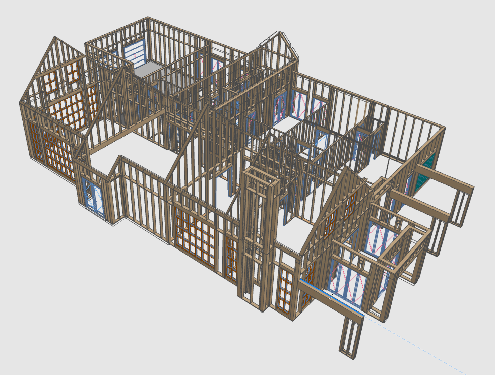 a 3d model of a house with a lot of wooden beams