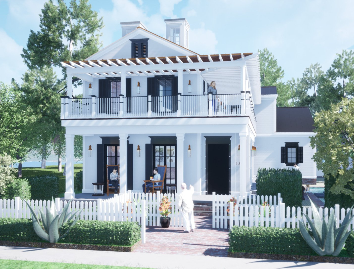 a white house with a white picket fence in front of it