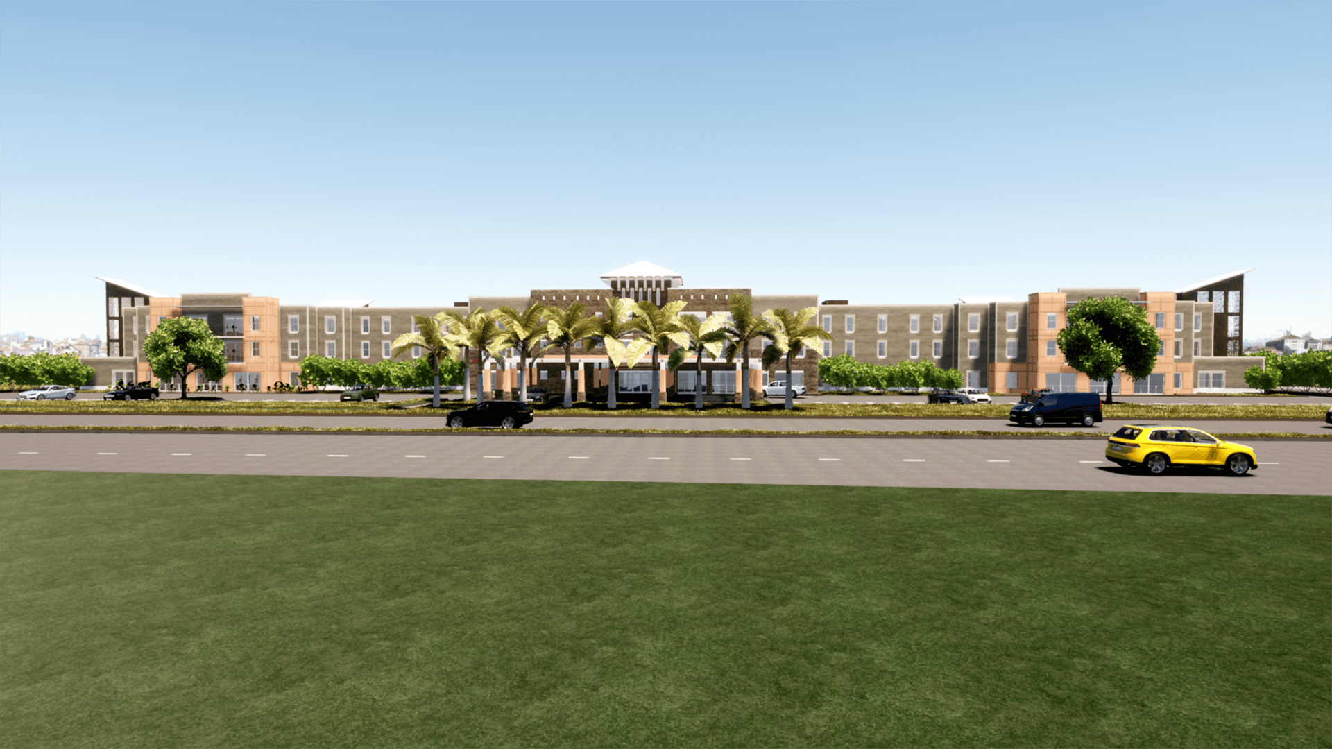 a yellow car is driving down a road in front of a large building .