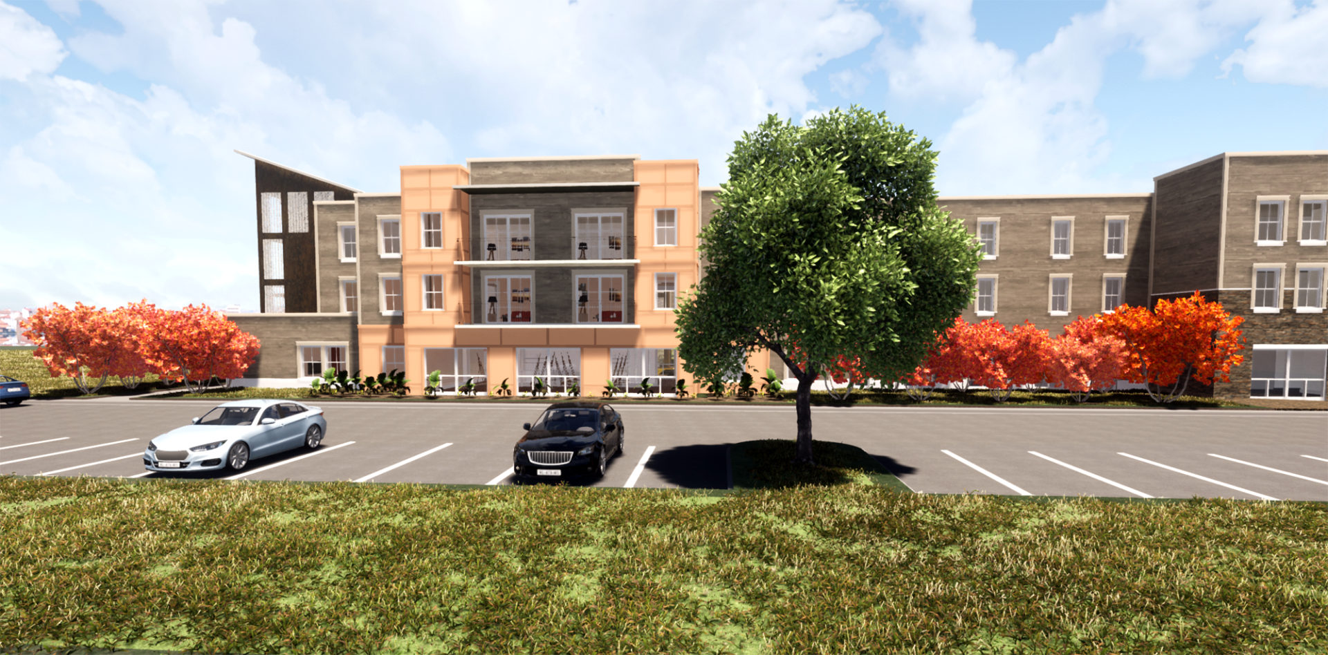 an artist 's impression of a building with cars parked in front of it